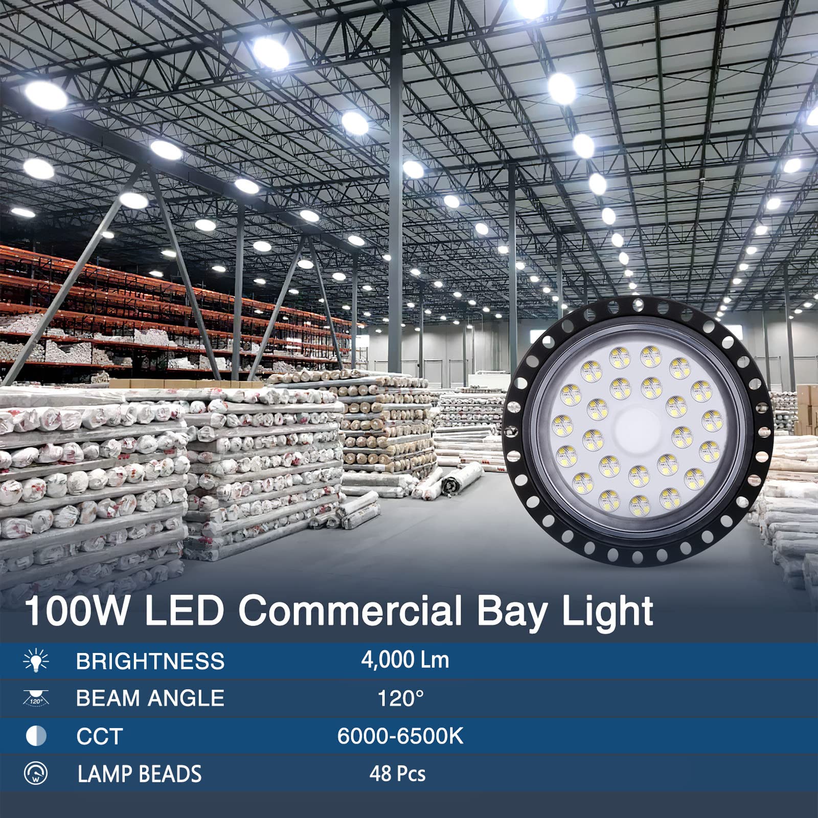 2 Pièces 50W LED UFO High Bay Lumière, 4000LM Projecteur LED Industriel, IP65 Étanche UFO LED Spot Intérieur avec 48LEDs- 6500K Blanc Froid LED Atelier UFO pour Les Usines Garage Cour