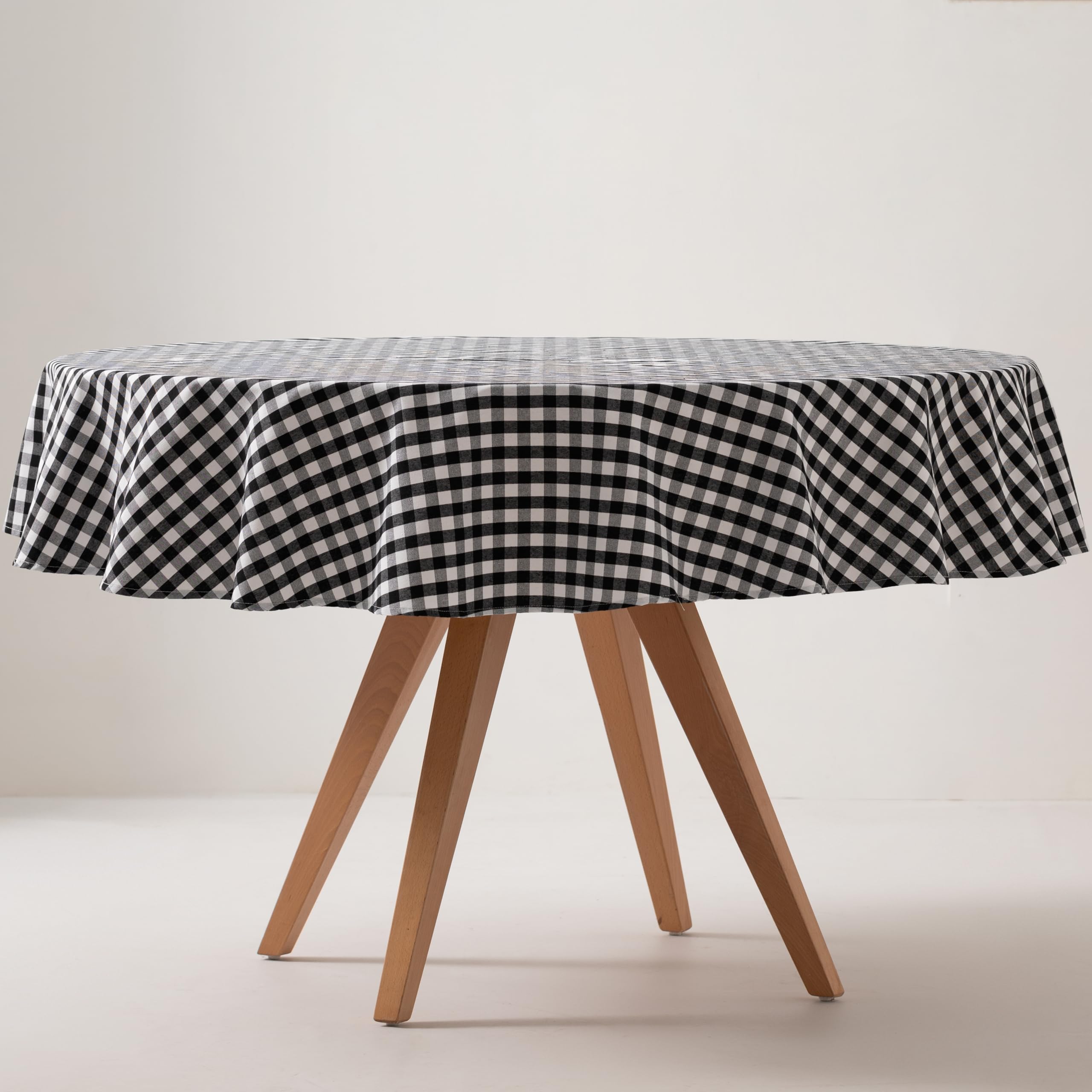 GAMUSI Stain Resistant Round Vichy Square Tablecloth, Cotton, Fabric Touch, 160 x 160 cm, Black, Black/White, 63 inch (Round)