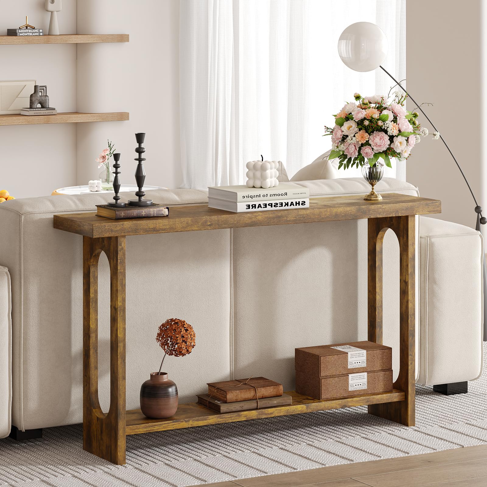 Mesa consola de 54 pulgadas, mesa de entrada estrecha de madera de granja con almacenamiento, mesas de sofá, mesa de pasillo para sala de estar, pasillo, entrada (rayas de tigre en relieve)