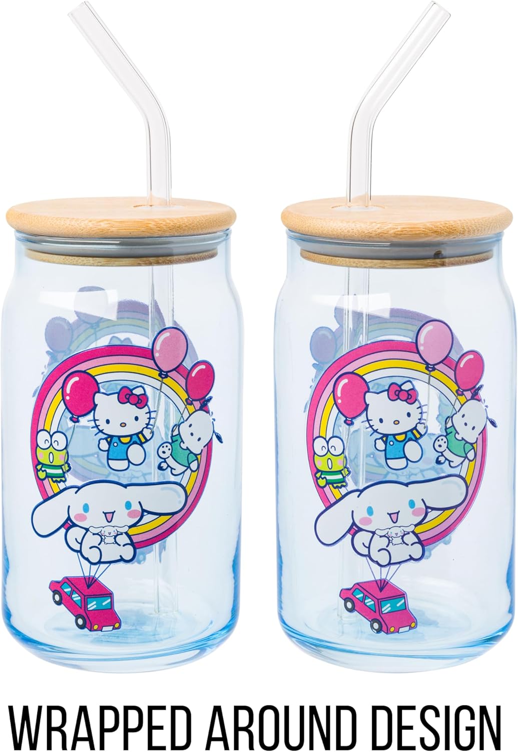 Silver Buffalo Sanrio Hello Kitty & Friends Floating Car Balloons Featuring Cinnamoroll, Pochacco, and Keroppi Glass Jar Tumbler with Bamboo Lid and Glass Straw, 16 Ounces - Image 5