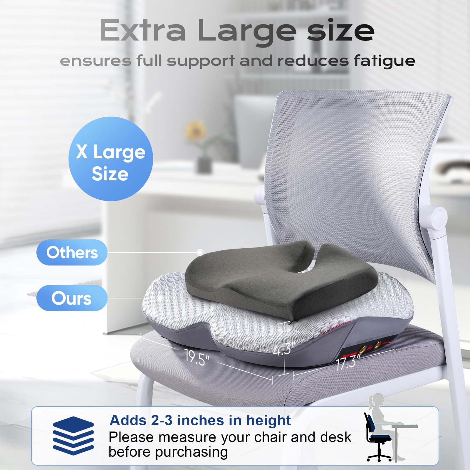 Sitzkissen für Steißbein-Schmerzlinderung, Größe XL, ergonomisches Design für langes Sitzen, Bürostuhl, Auto und Flugzeug, Rollstuhl, Hüft- und Ischiasschmerzen, Druckentlastung, hohe