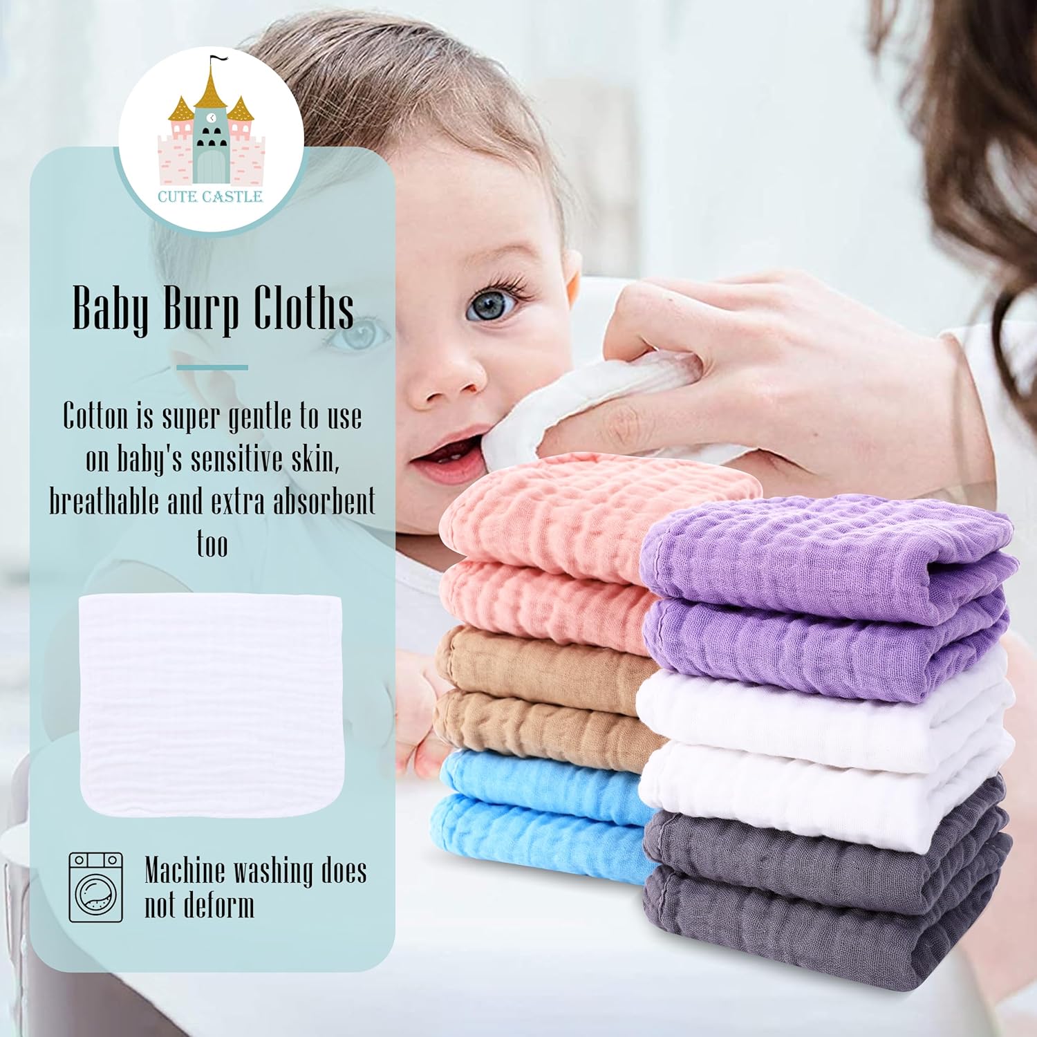 Cute Castle 24 Pack Muslin Burp Cloths for Baby - Ultra-Soft 100% Cotton Baby Washcloths - Large 20'' by 10'' Super Absorbent Milk Spit Up Rags - Burpy Cloths for Unisex, Boy, Girl - Multicolor