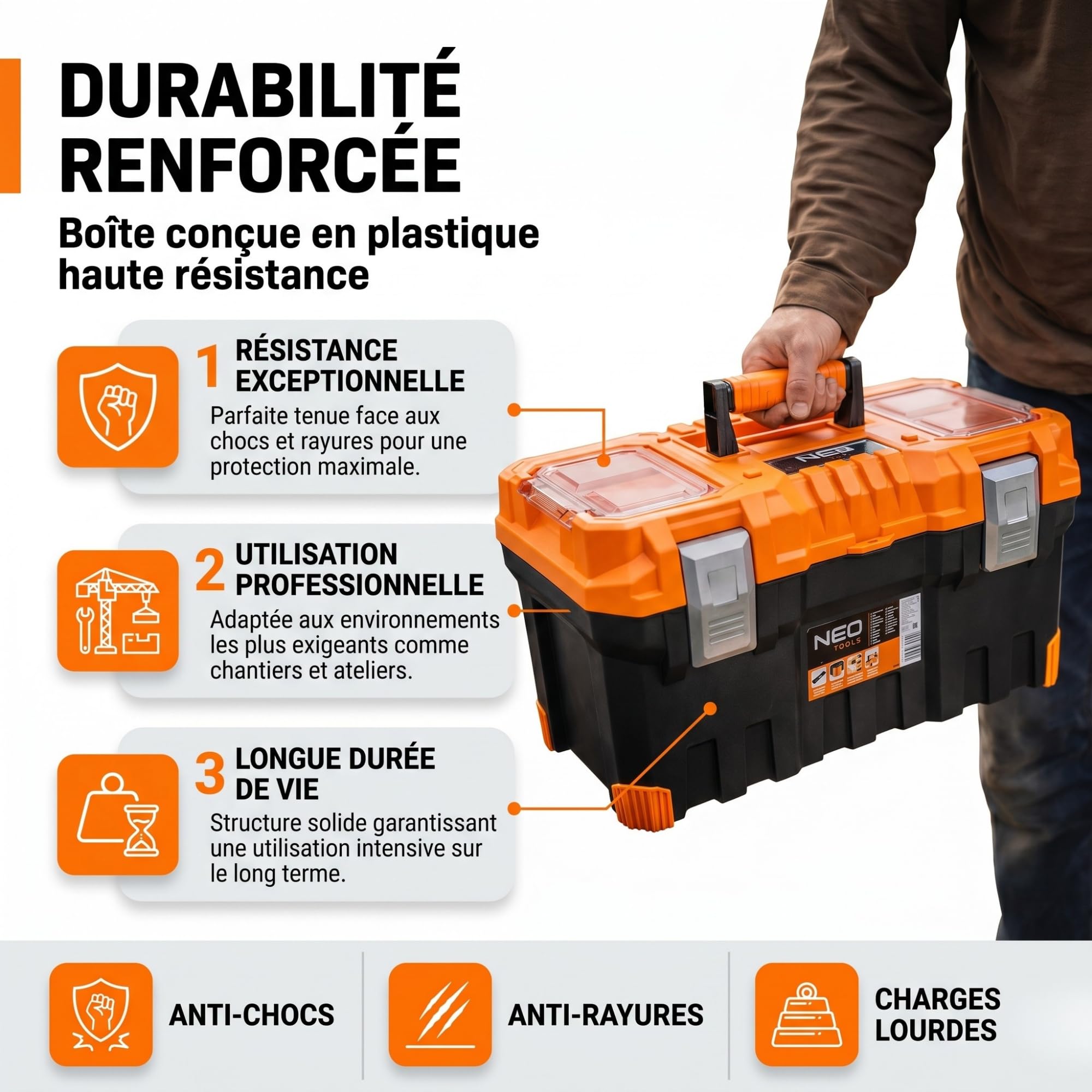 NEO TOOLS Boîte à Outils 22 pouces Caisse de Rangement Outils 55,4 x 28,6 x 27,6 cm avec Organiseurs Couvercle Plateau Amovible Poignée Caoutchoutée
