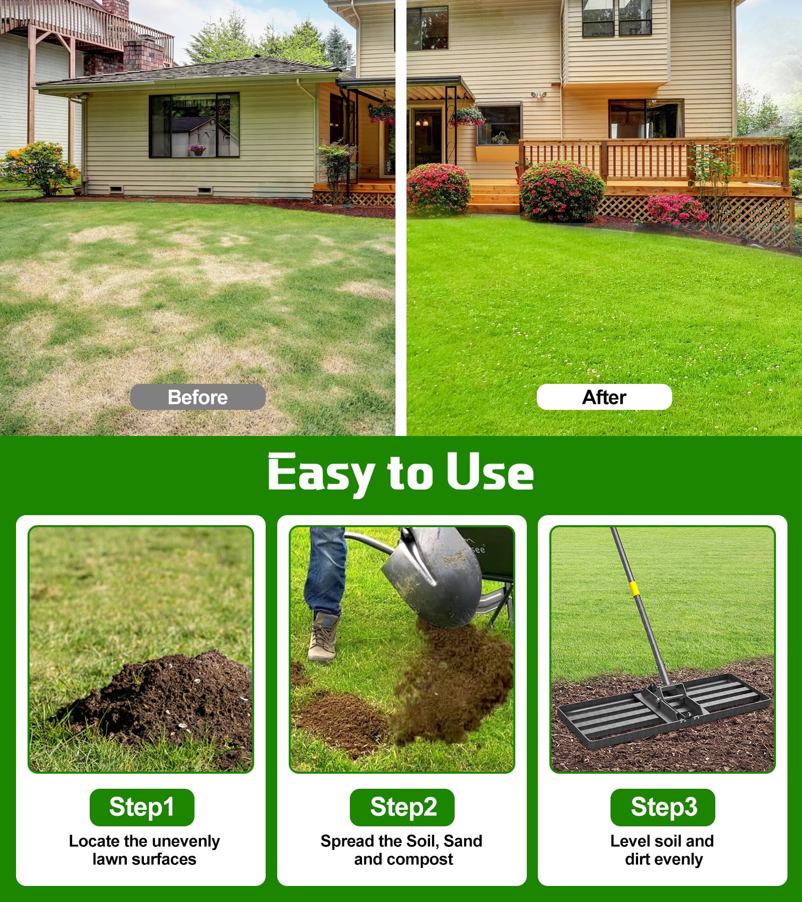 Rastrillo nivelador de césped de 30 x 10 pulgadas, herramienta niveladora de césped con mango ajustable de 6.2 pies de largo para césped, rastrillo de paisaje resistente para patio, jardín, campo de