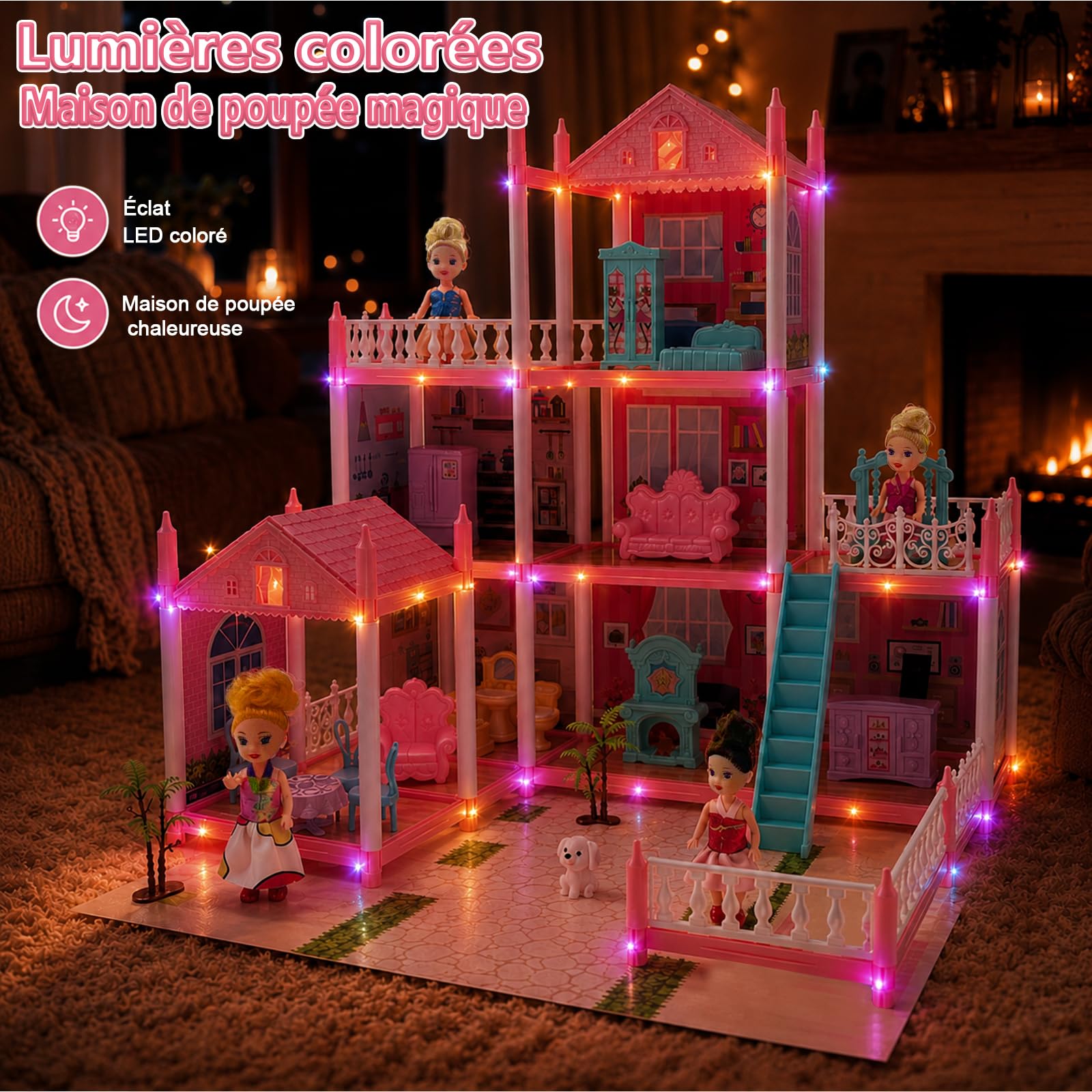 Maison de Poupée de pour Filles avec Lumières, 4 Poupées, Tapis de Jeu et Accessoires de Mobilier – Grande Maison de Poupée à Plusieurs Étages, Jeu d’Imitation, Cadeau pour Enfants dès 3 Ans