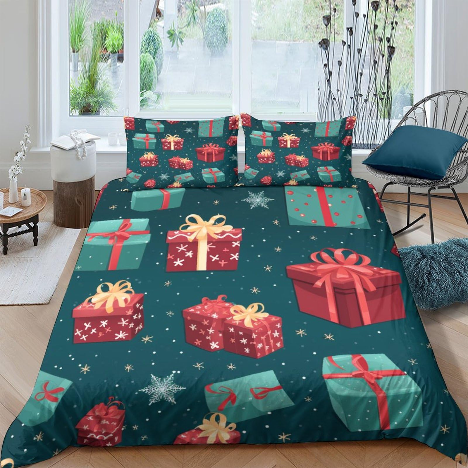 Housse de couette Noël 200x200 INTCHE imprimée 3D en microfibre pour lit double avec 2 taies