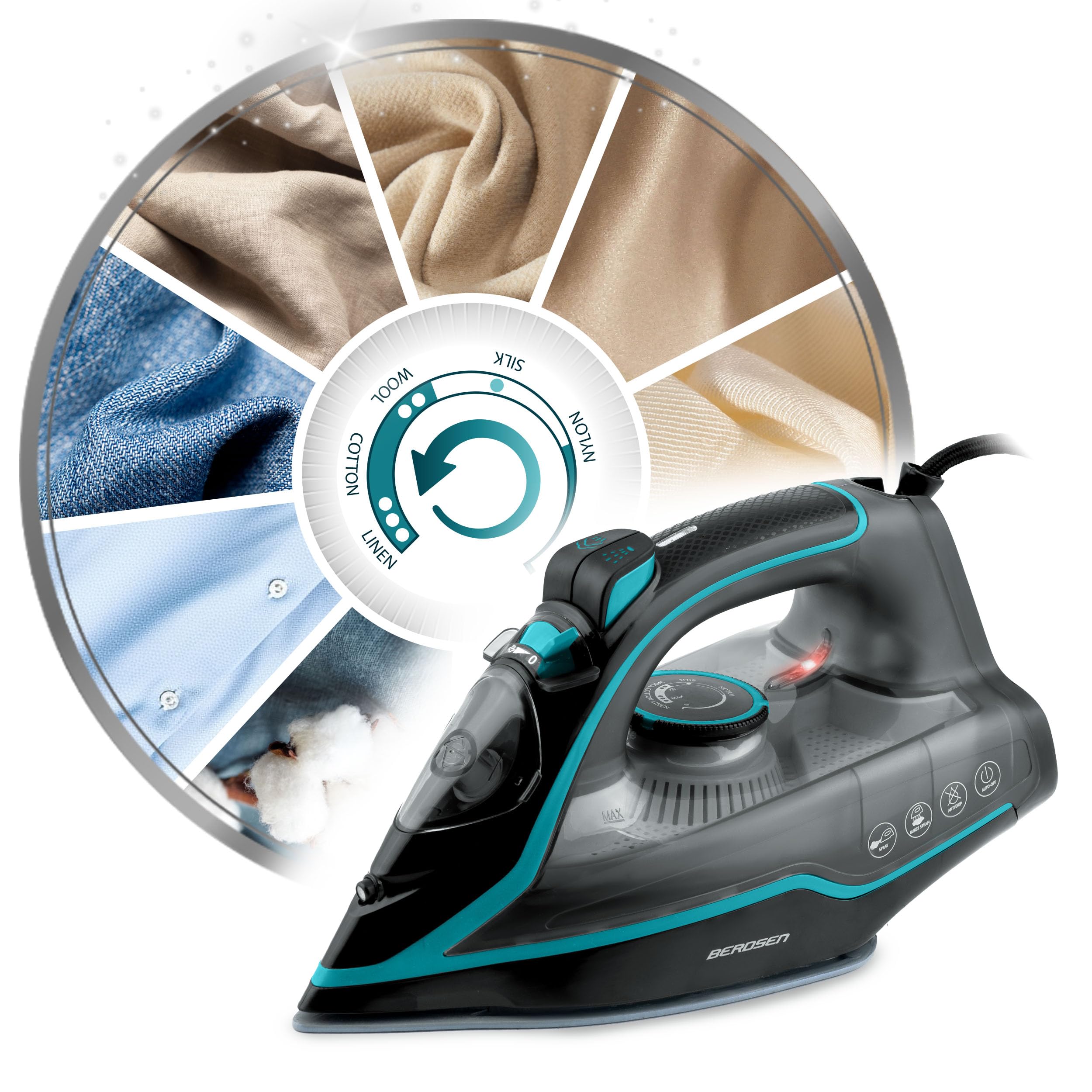 Berdsen Ferro da stiro a vapore, 2600 W, ferro da stiro 9 in 1, con suola in ceramica, serbatoio dell'acqua da 230 ml, colore verde