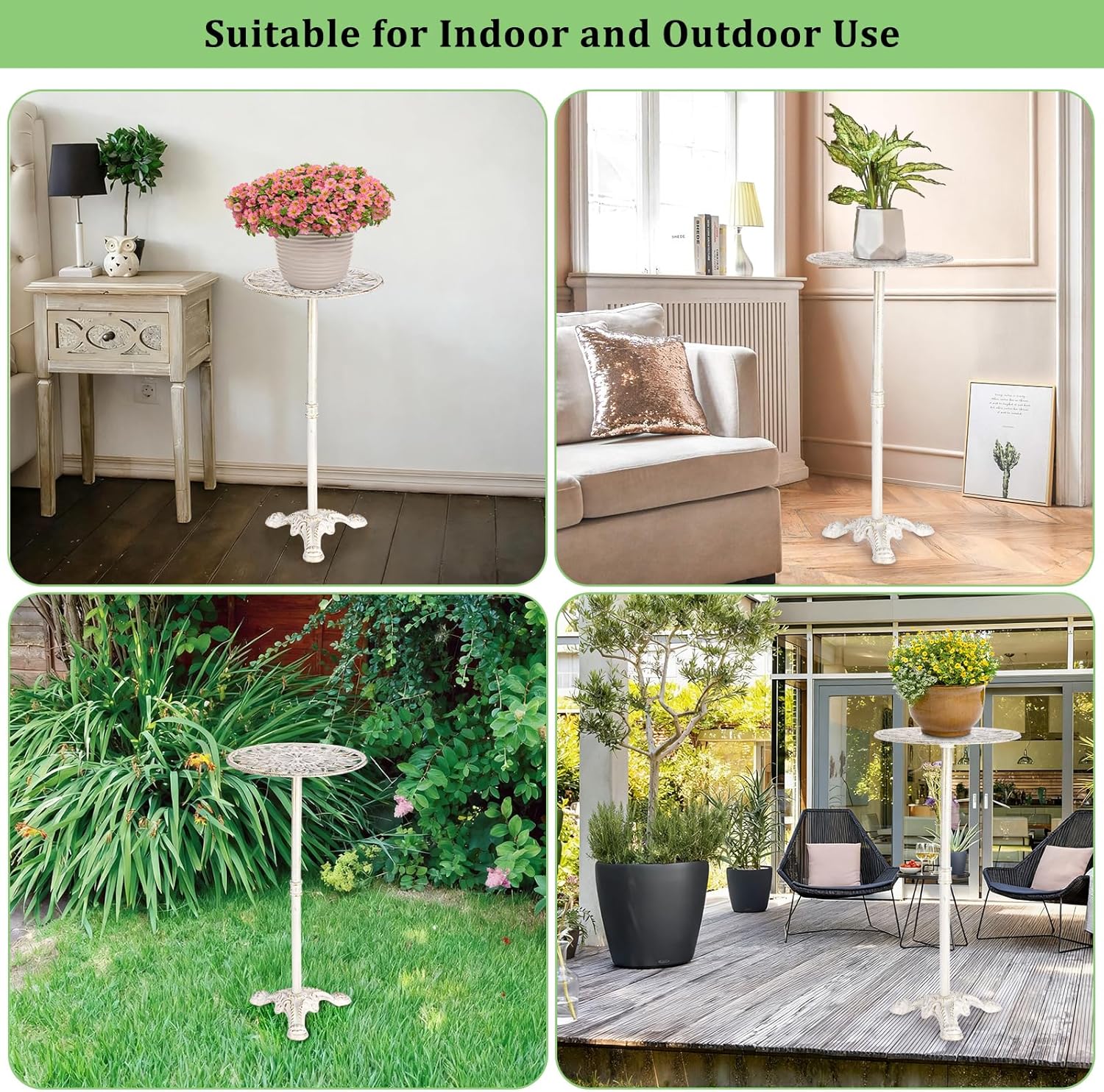 OwnMy Cast Iron Tall Plant Stand Heavy Duty Flower Pot Holder, Decorative Pedestal Potted Plant Rack, Indoor Outdoor Wrought Iron Large Single Plant Stand for Patio Garden Home, Antique White