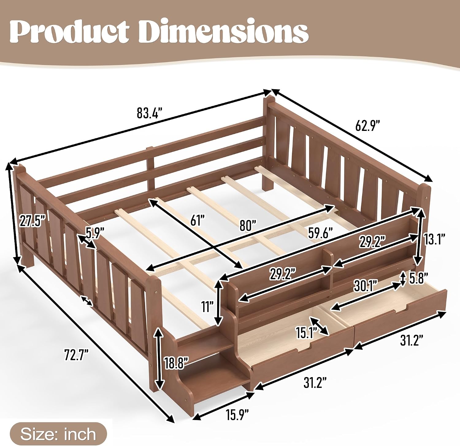Bellemave Natural Montessori Bed with Stairs and 2 Storage Drawers, Queen Size Montessori Bed Frame with Large Bookcase, Headboard and Footboard, Low Profile Beds Frame for Girls, Boys, Queen