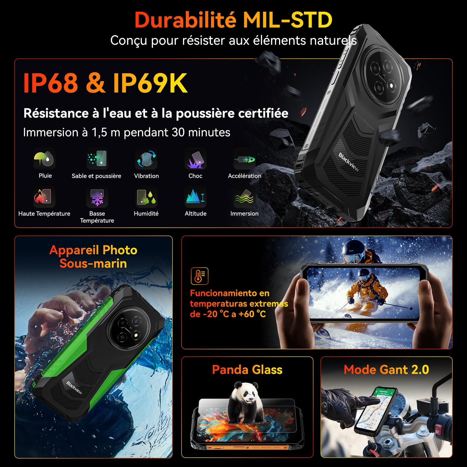 Blackview Téléphone Portable Incassable, Smartphone Incassable 10000mAh, Android 16 Telephone Incassable, IP68/IP69K, Jusqu’à 12GB+128GB (TF 2TB), 6,56" 90Hz, Double SIM, NFC, GPS, 3 Ans de Garantie