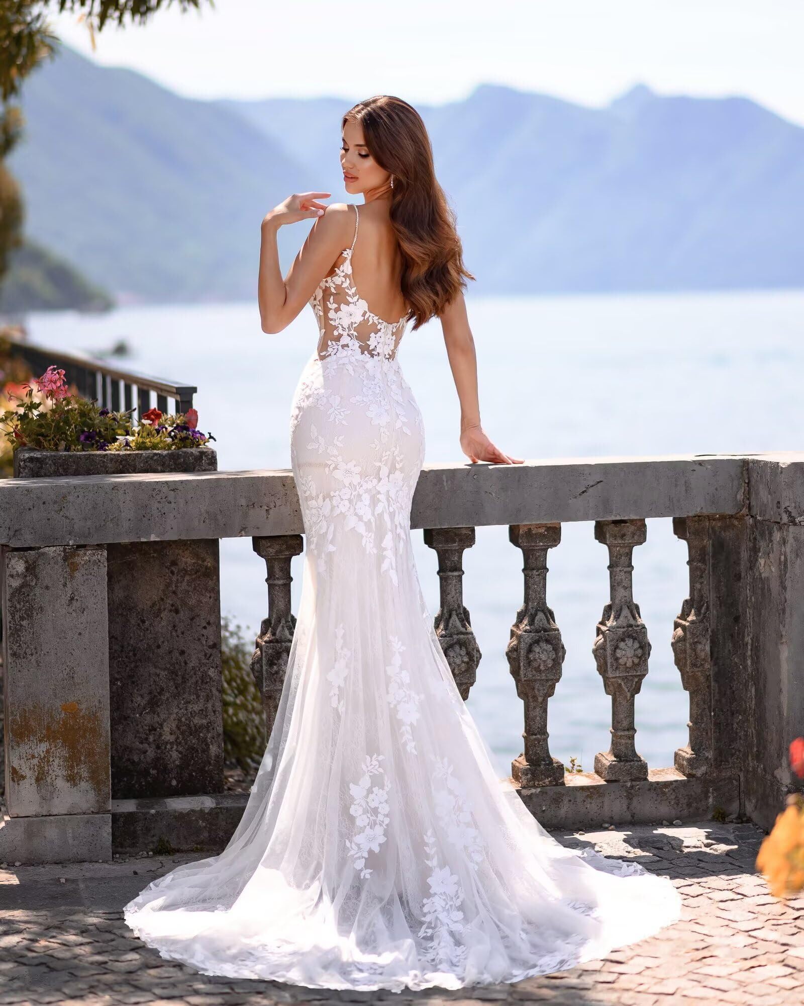 HUINI Damen Lange Brautkleid mit Schleppe Boho A-Linie Tüll Spitzenapplikationen Hochzeitskleider für die Braut