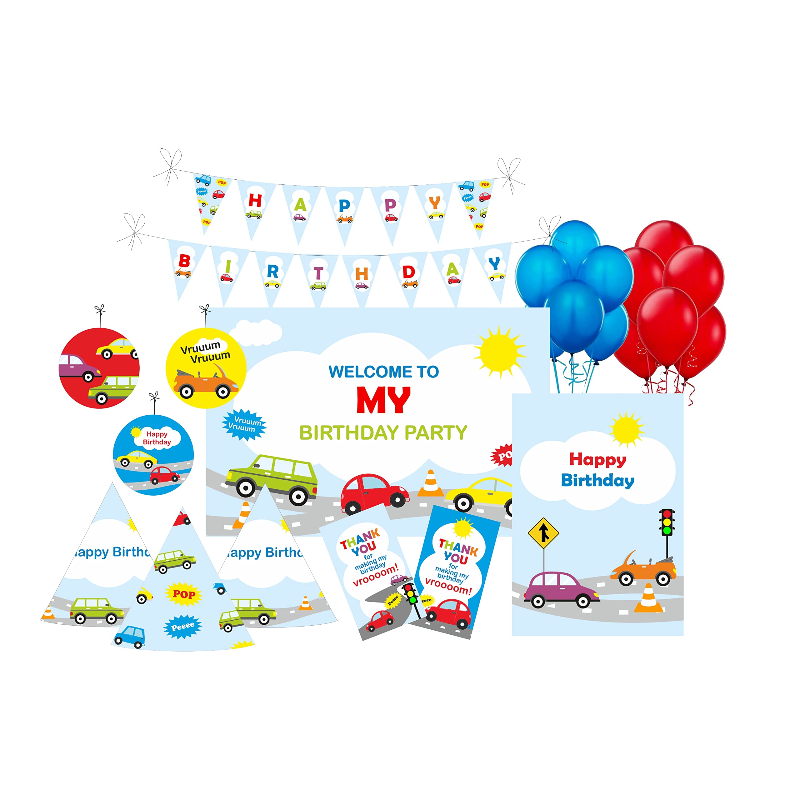 Pretty UR Party Colourful Cars Party decorations Kit - 80 pcs includes Banner, balloons, thank you, centerpiece, danglers, Cars Party Supplies, Vehicles Birthday Decor, DIY Décor Pack for kids, boys