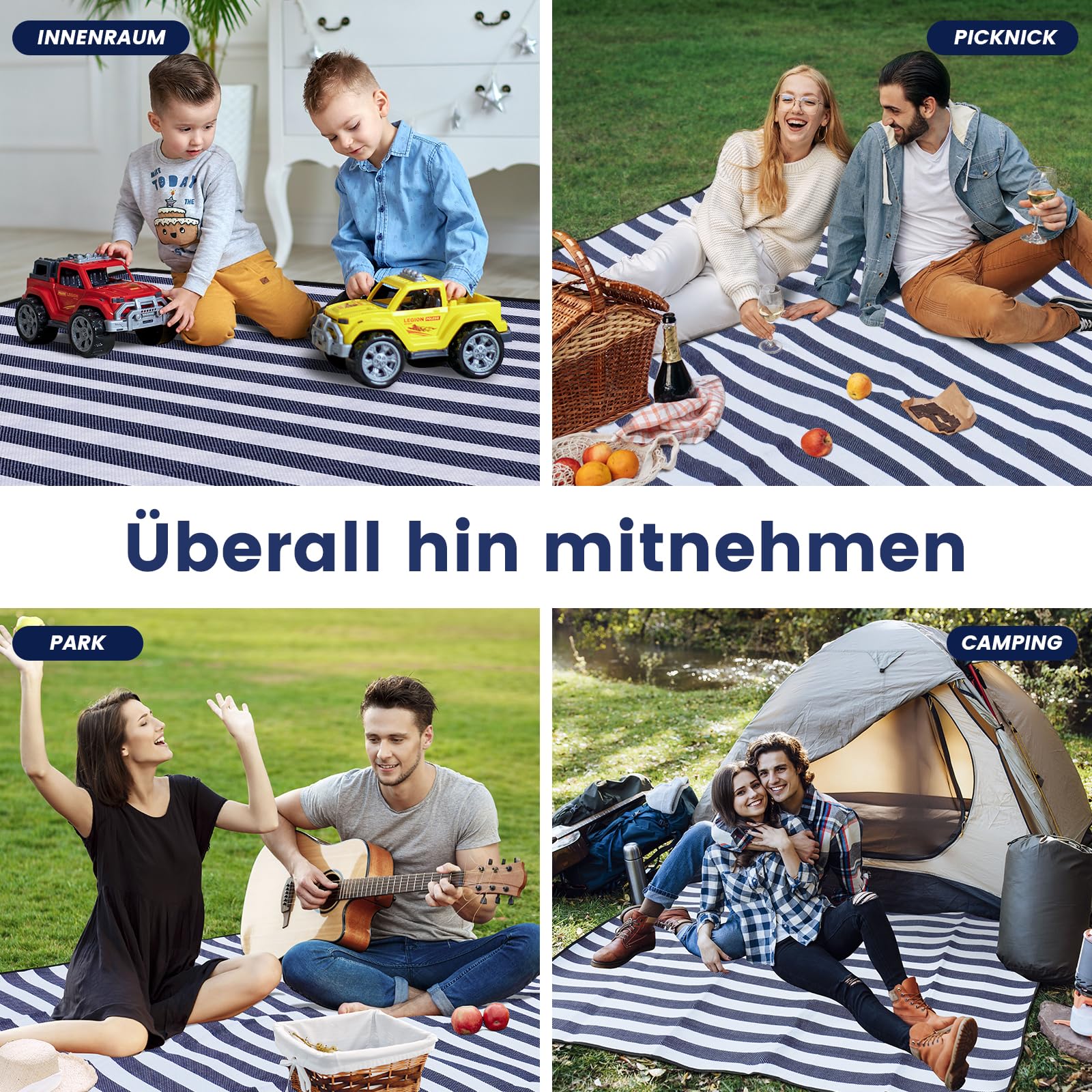 sapsisel 200 x 200 cm Picknickdecke, extra groß, wasserdicht und faltbar, Stranddecke, 3-lagige Outdoor-Decke für 6 bis 8 Erwachsene, für Camping, Park, Strand, Gras, drinnen usw