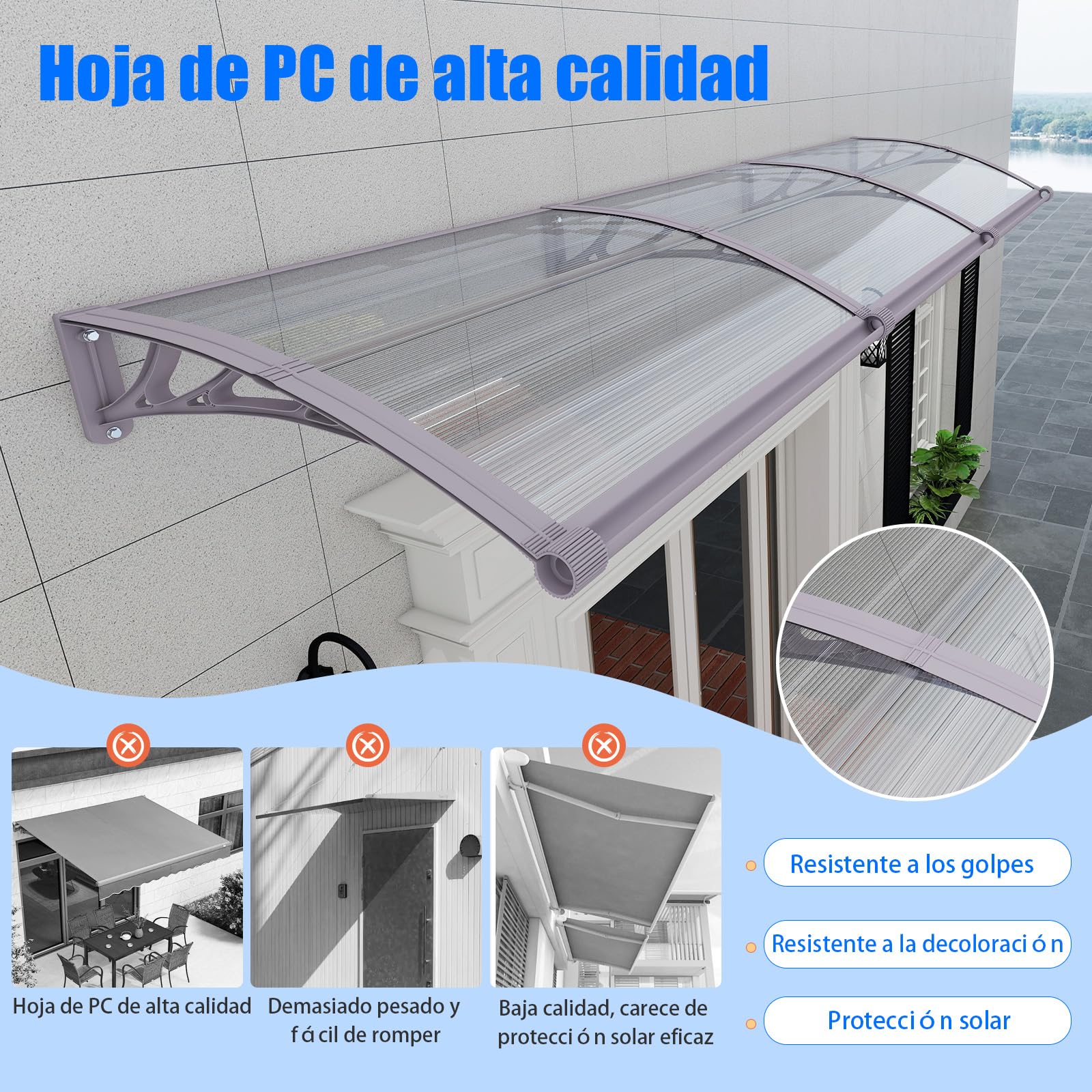 Marquesina para Puerta Exterior 100x80 CM,Tejadillo de Protección con Fregadero de Drenaje contra Lluvia y Rayos UV,Cubierta de Policarbonato para Puertas,Ventanas,Porches,Patios y Terrazas