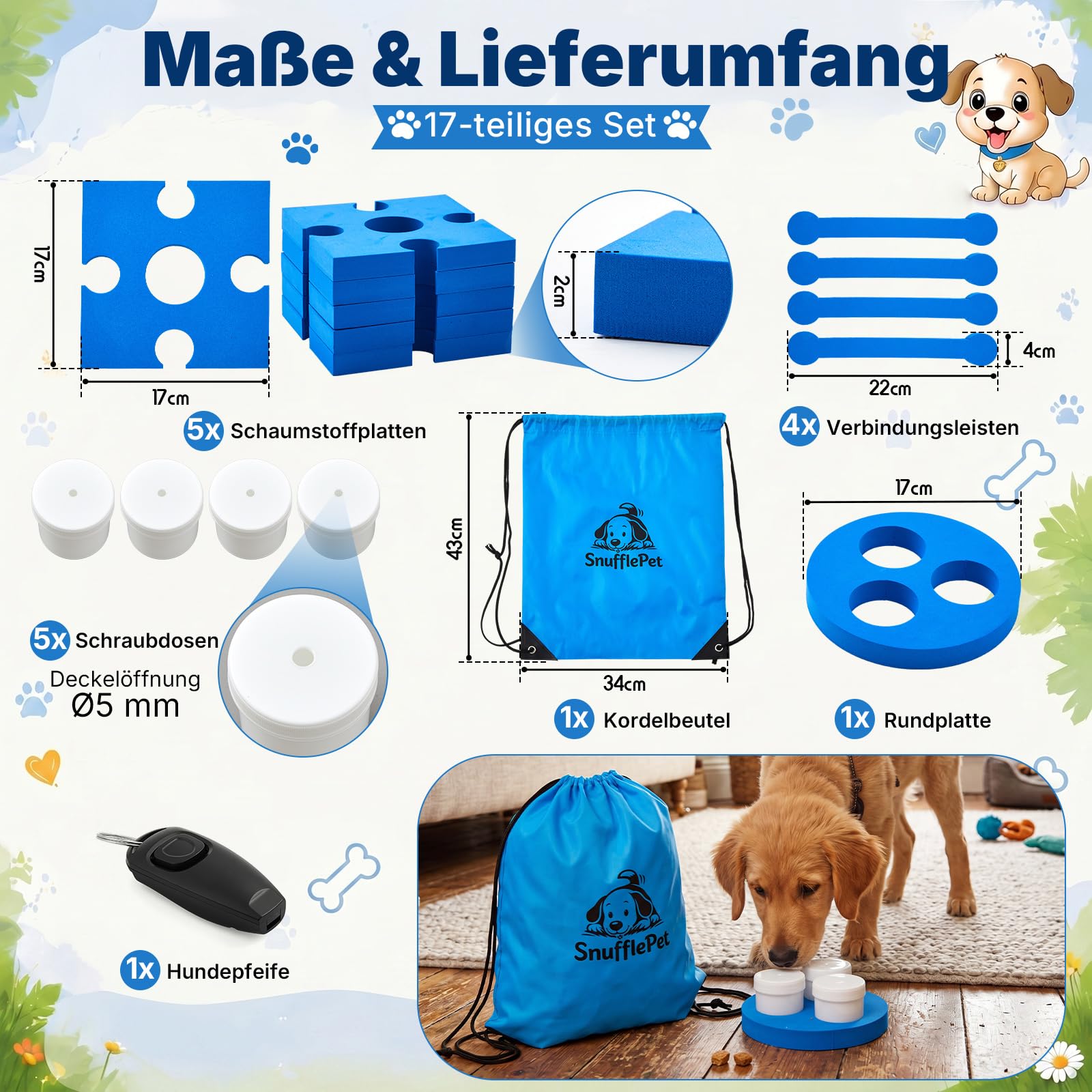 Jadive Kit d'Entraînement Détection Olfactive pour Chiens 6 Puzzles en Mousse avec 5 Récipients de Détection 1 Sifflet 1 Sac de Rangement Jouet Intelligent pour l'Entraînement Olfactif