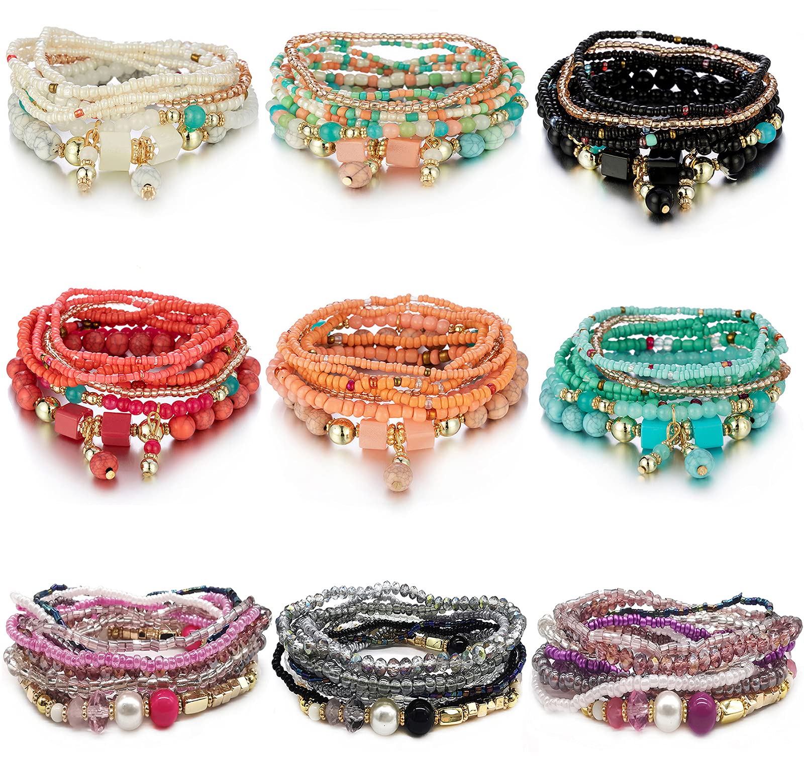 9 Sets Bohemian Stackable Bead Bracelets for Women Stretch Multilayered Bracelet Set Multicolor Jewelry