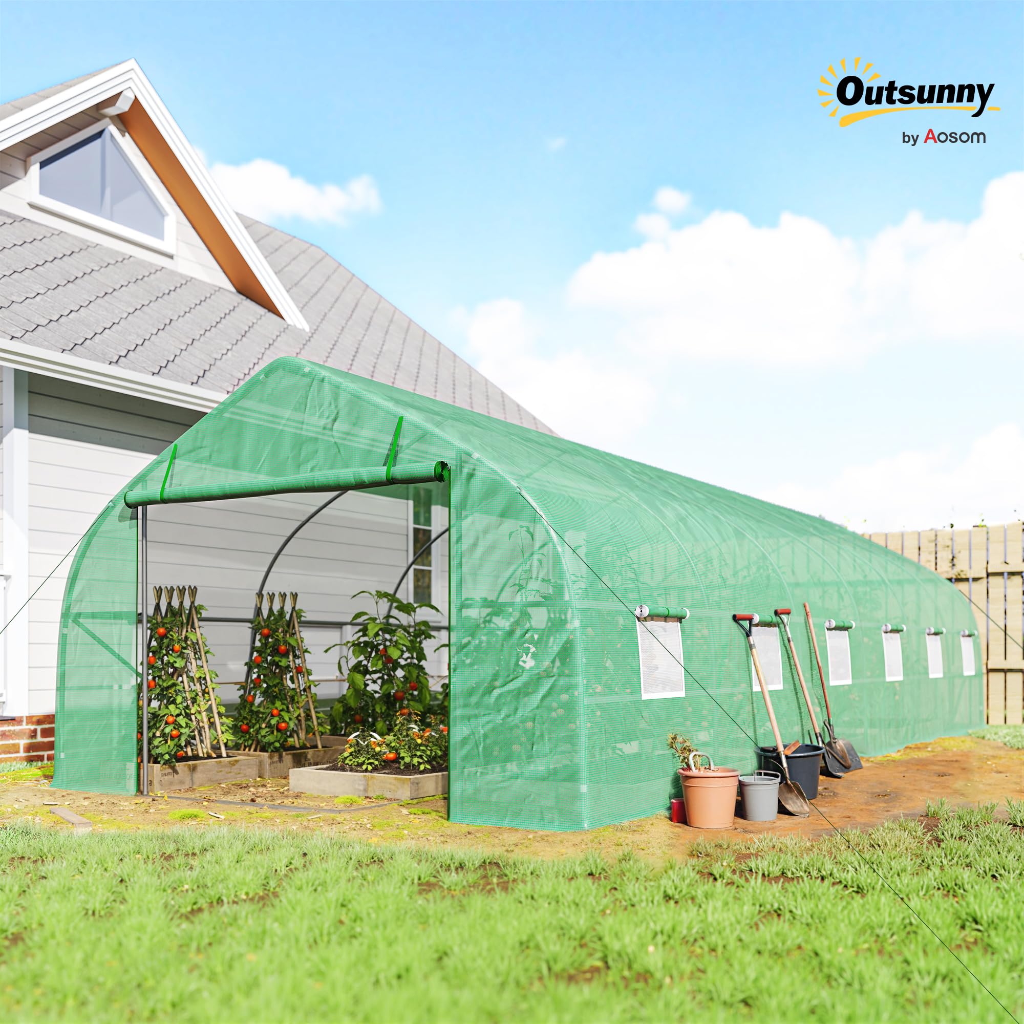 Outsunny Serra da Giardino a Tunnel 8x3x2 m con Porta Avvolgibile, Serra per Orto a Punta con 12 Finestre, Copertura in PE e Struttura in Acciaio, Verde