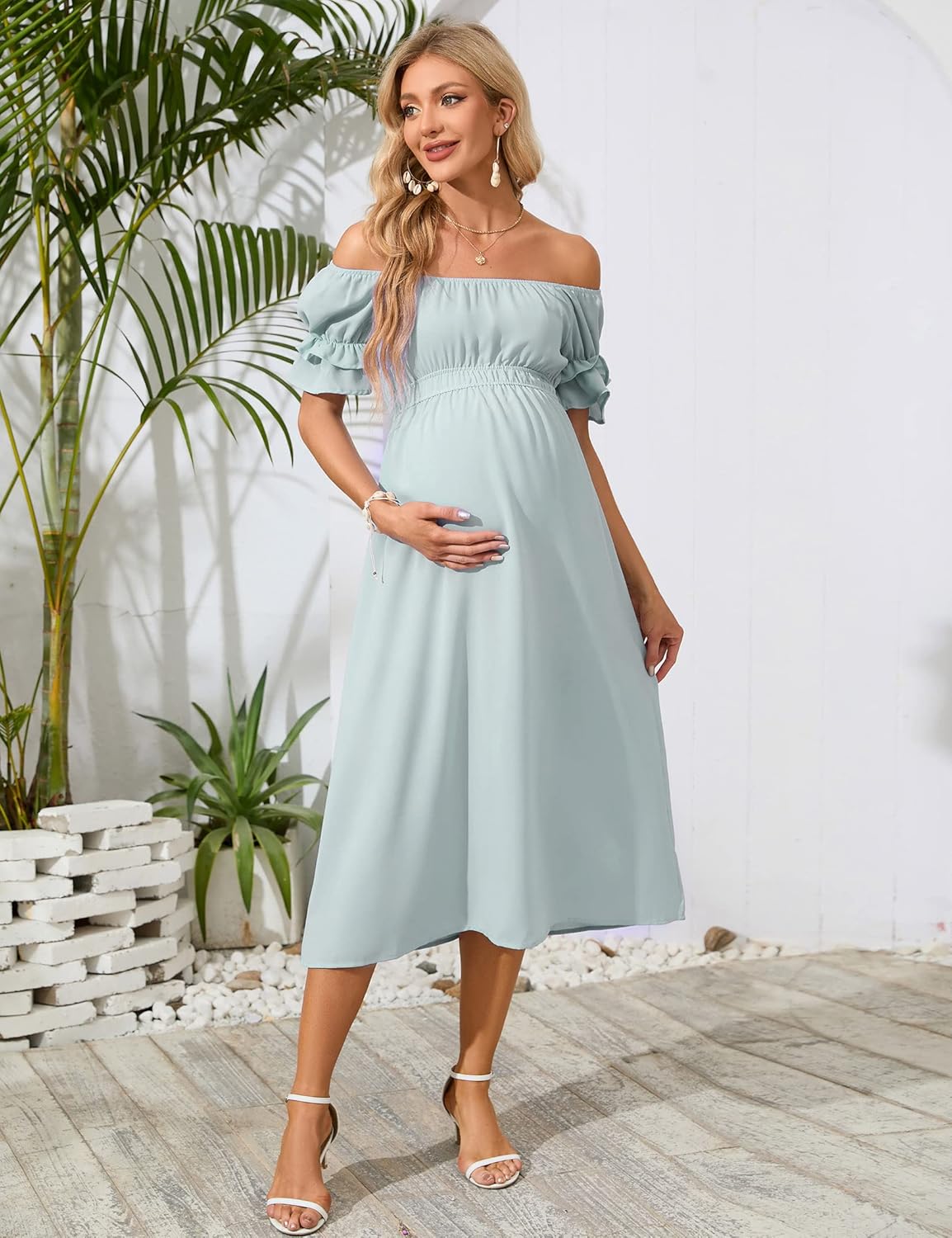 KOJOOIN Womens Women's Off Shoulder Short Sleeve Maternity Dress - Image 3