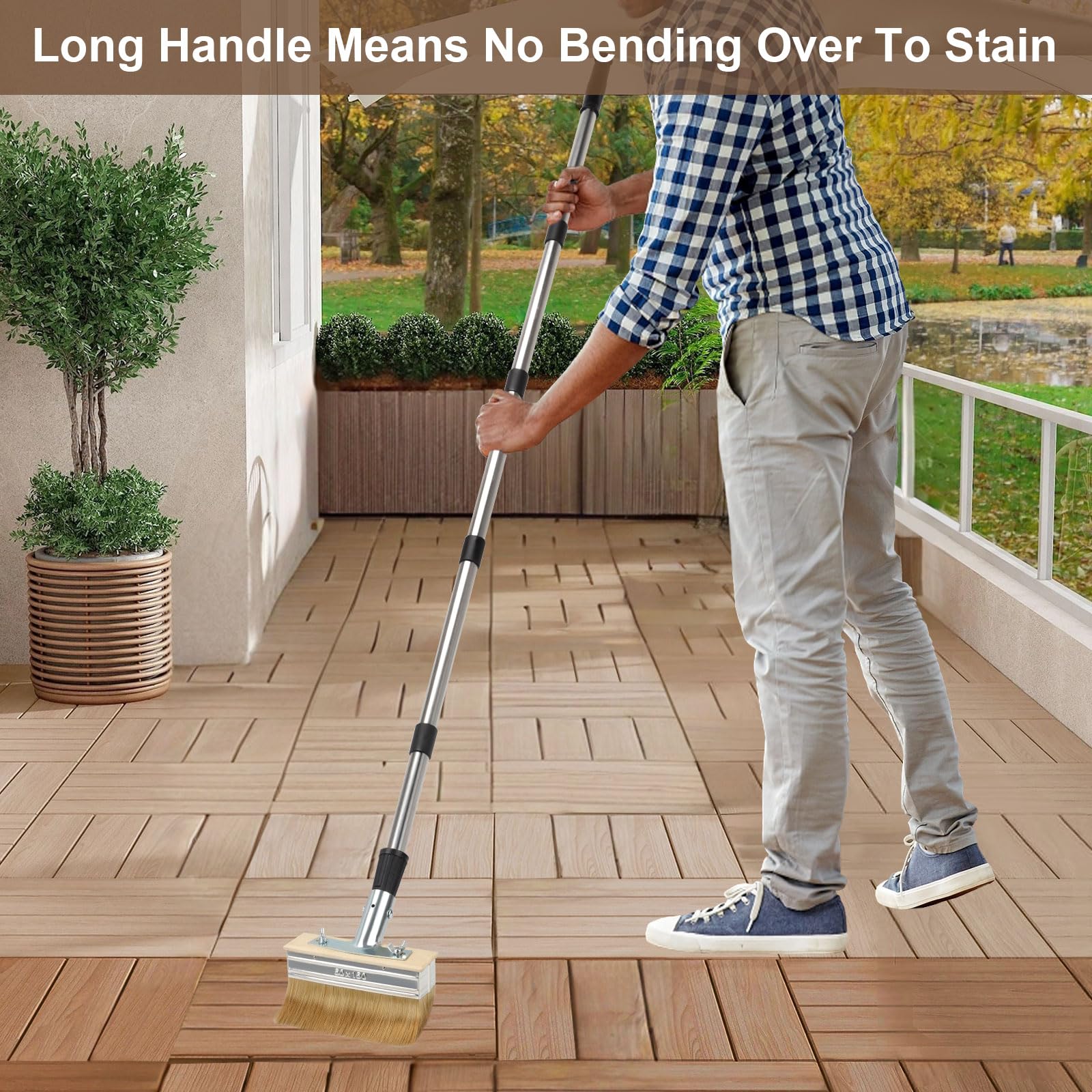 Terrassen-Streichbürste mit Teleskopstiel – 150mm Lasurpinsel & 3-Zoll Malerbürste – inkl. 152 cm Verlängerungsstiel – Streichbürste für Holzterrasse, Zaun, Betonboden, Holzschutz, Öl, Lack, Lasur