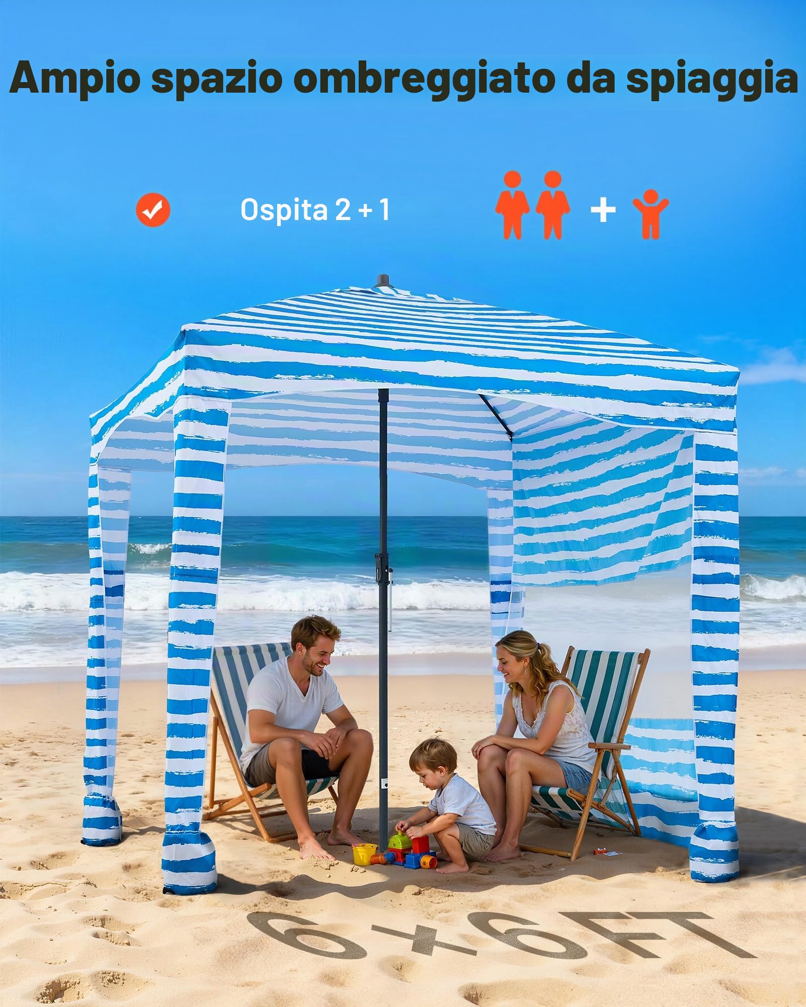 VEVOR Tenda da Spiaggia da 1830 x 1830 x 2290 mm, con Parete Laterale e Tasche per la Sabbia, Ombrellone Parasole Portatile Regolabile in Altezza per Famiglia e Amici, Blu Chiaro Striature Bianche