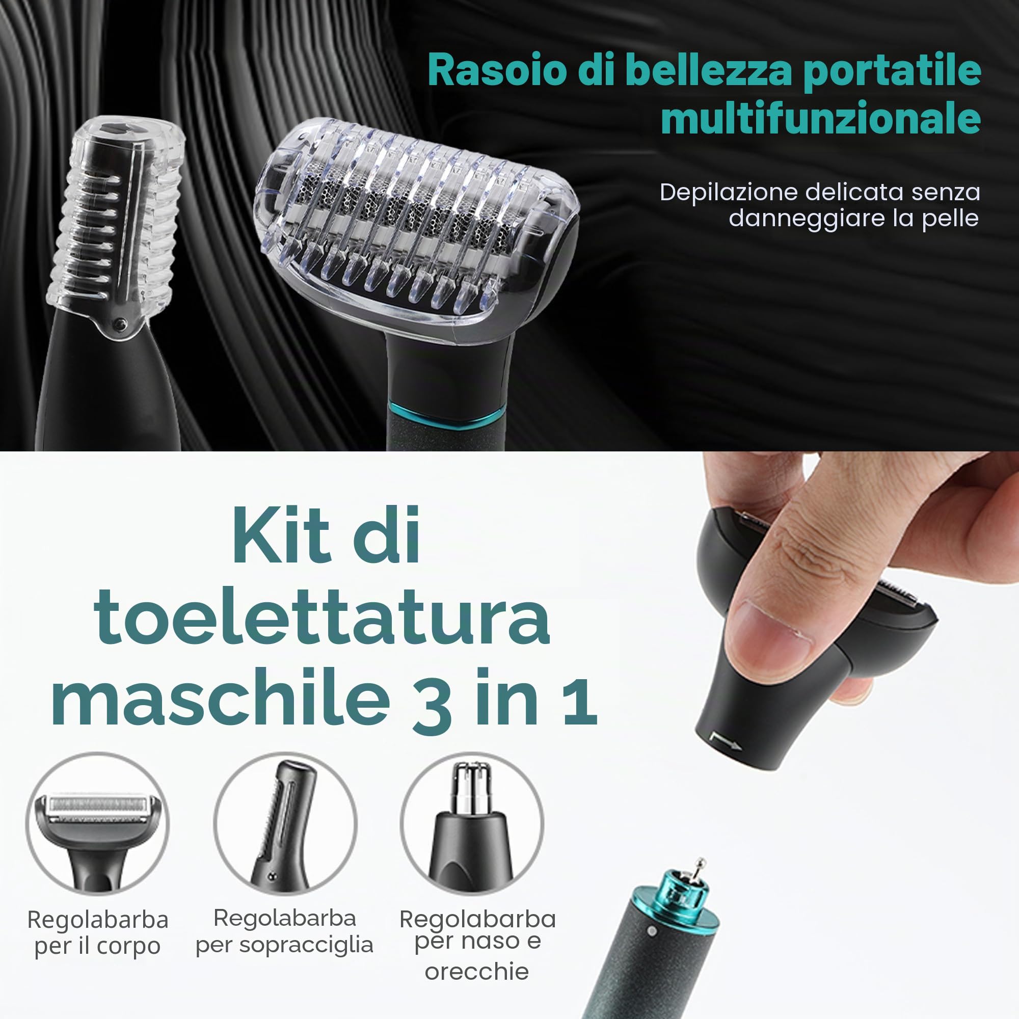 VGR 625 Rasoio Intimo Uomo 3 in 1, Body Groomer Uomo Senza Fili, Rifinitore Peli del Naso e del Corpo con Base, Adatto per Petto, Gambe, Ascelle, Naso e Viso, IPX5, Verde