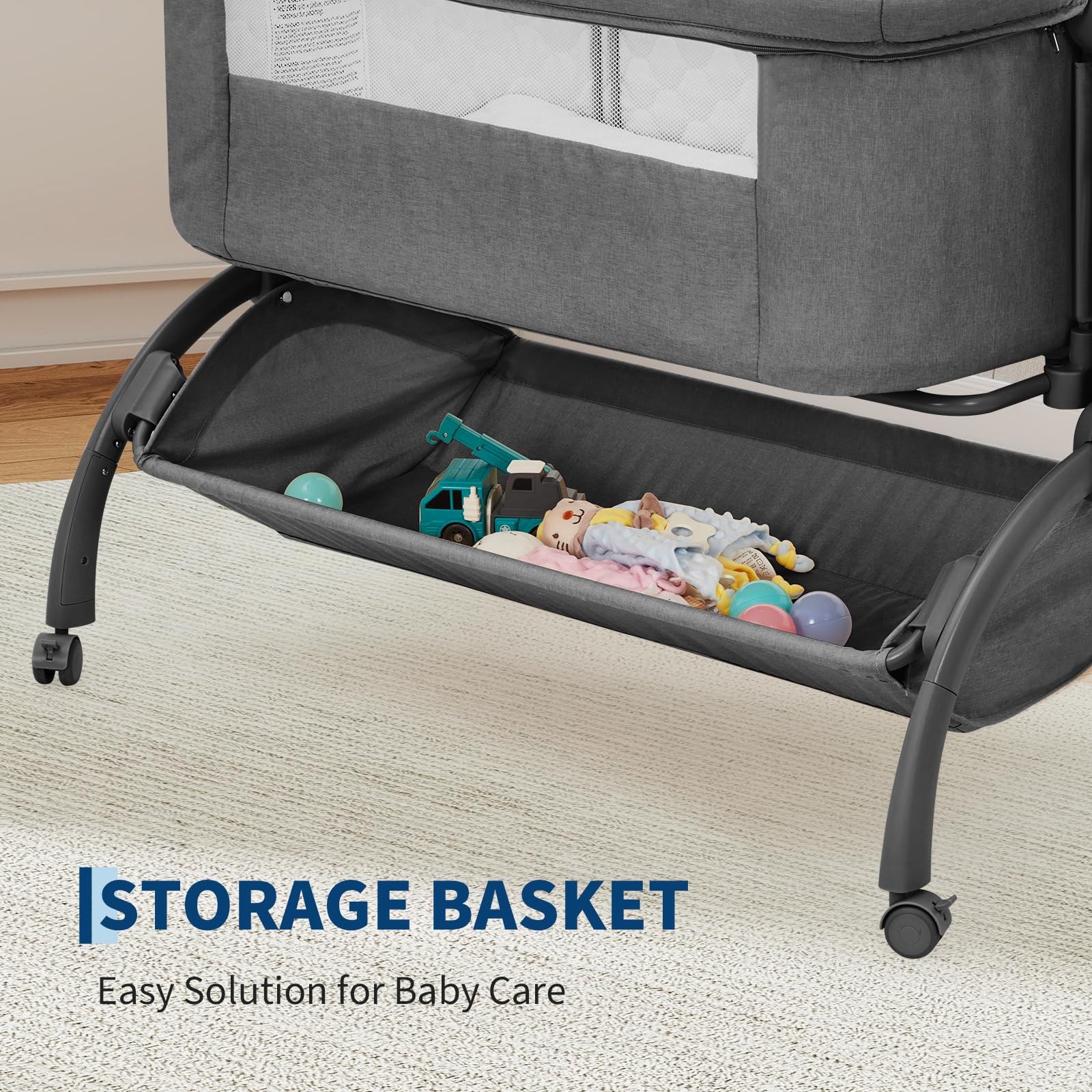 GarveeTech Beistellbett Baby höhenverstellbar mit Matratze, Mesh-Seiten, Wiegefunktion, Rollen mit Bremse, Moskitonetz, Ablagekorb und Tragetasche, für Neugeborene 0–6 Monate