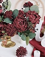 Vista 4 de TINGE TIME Flores falsas de aspecto real para decoración, 25 flores artificiales de dalia burdeos con tallo para ramos de boda, centros de mesa