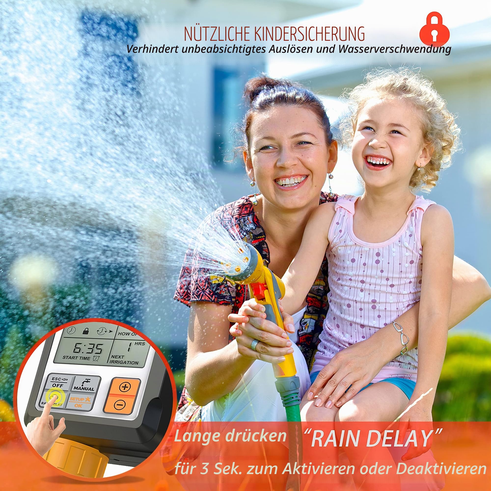 CROSOFMI Bewässerungscomputer Wasserzeitschaltuhr Garten Zeitschaltuhr Bewässerung,Großes 3-Zoll-Display Regenverzögerung und Kindersicherung
