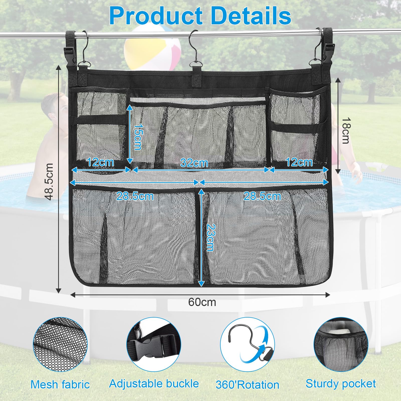 Cyiecw Pool Aufbewahrungstasche mit 3 Haken, Abnehmbar Pool Aufbewahrungskorb, Multifunktionaler Gartenpool Organizer Aufbewahrungsbox, Seitenkorb Pool Zubehör für Aufstellpool und Badezimmer