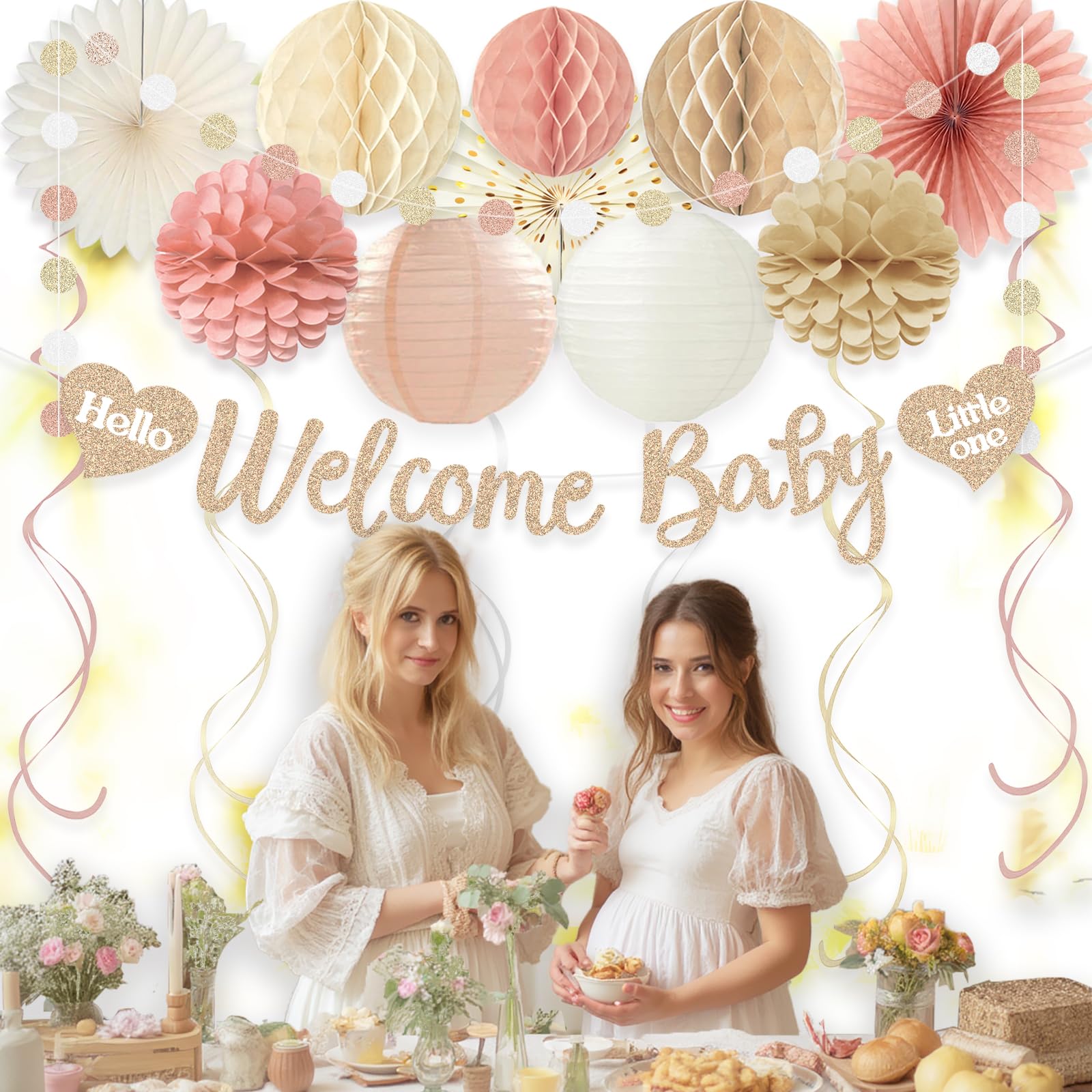 Boho Baby Shower Decorations for Girl, Pre-Strung Welcome Baby Banner with Honeycomb Balls, Paper Flowers, Lanterns, Fans, Hanging Swirls, Circle Dots Garland for Girl Baby Shower Decorations 24pcs