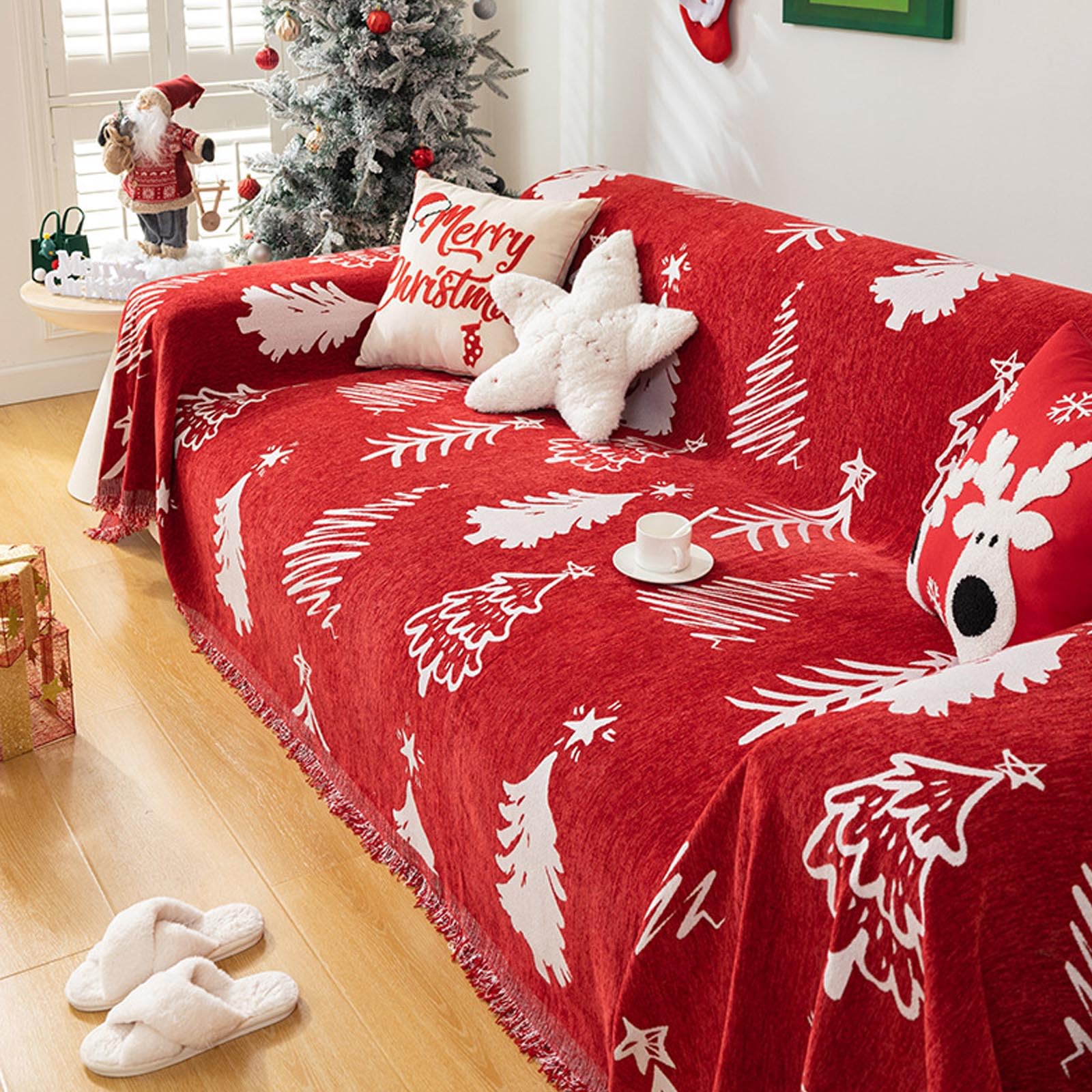 Housse de canapé chenille de Noël rouge jeté de canapé pompon 180x300cm