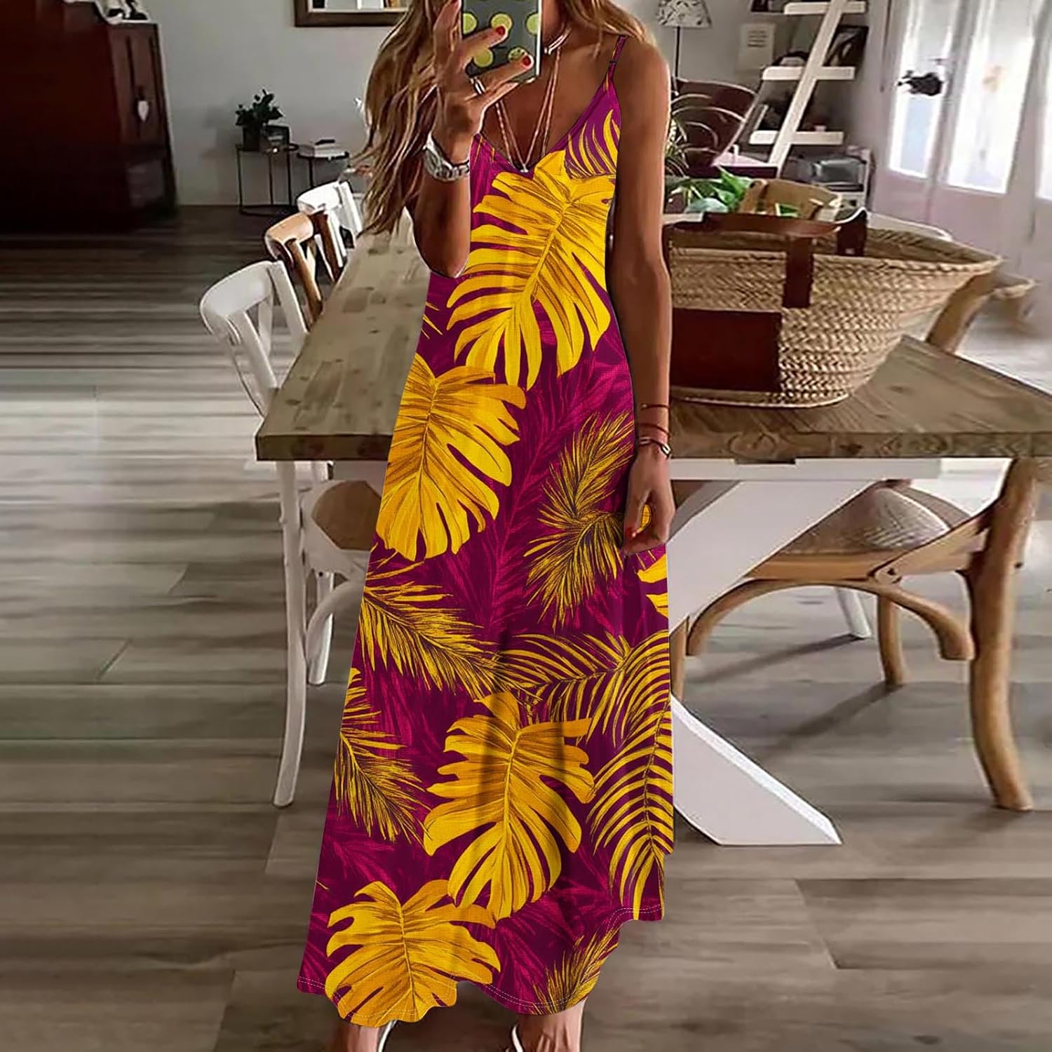 Women's Floral Print Casual Sundress Summer Maxi Sleeveless V Neck Dress Spaghetti Strap Boho Beach Travel Dresses