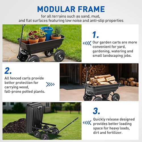 Miniatura 5 de Yesker Carros de jardín  Carro volquete de 600 libras con ruedas inflables todo terreno para patio, césped, granjas, jardinería, carretilla de