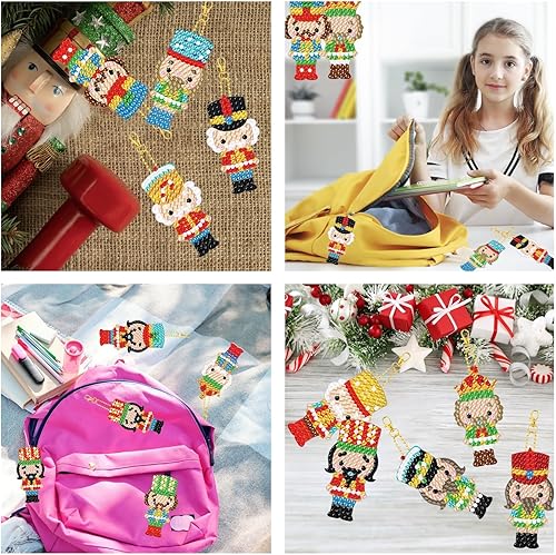 Miniatura 6 de Juego de 12 llaveros de diamante de cascanueces de Navidad de doble cara, lindos llaveros de diamantes de cascanueces de Navidad para principiantes