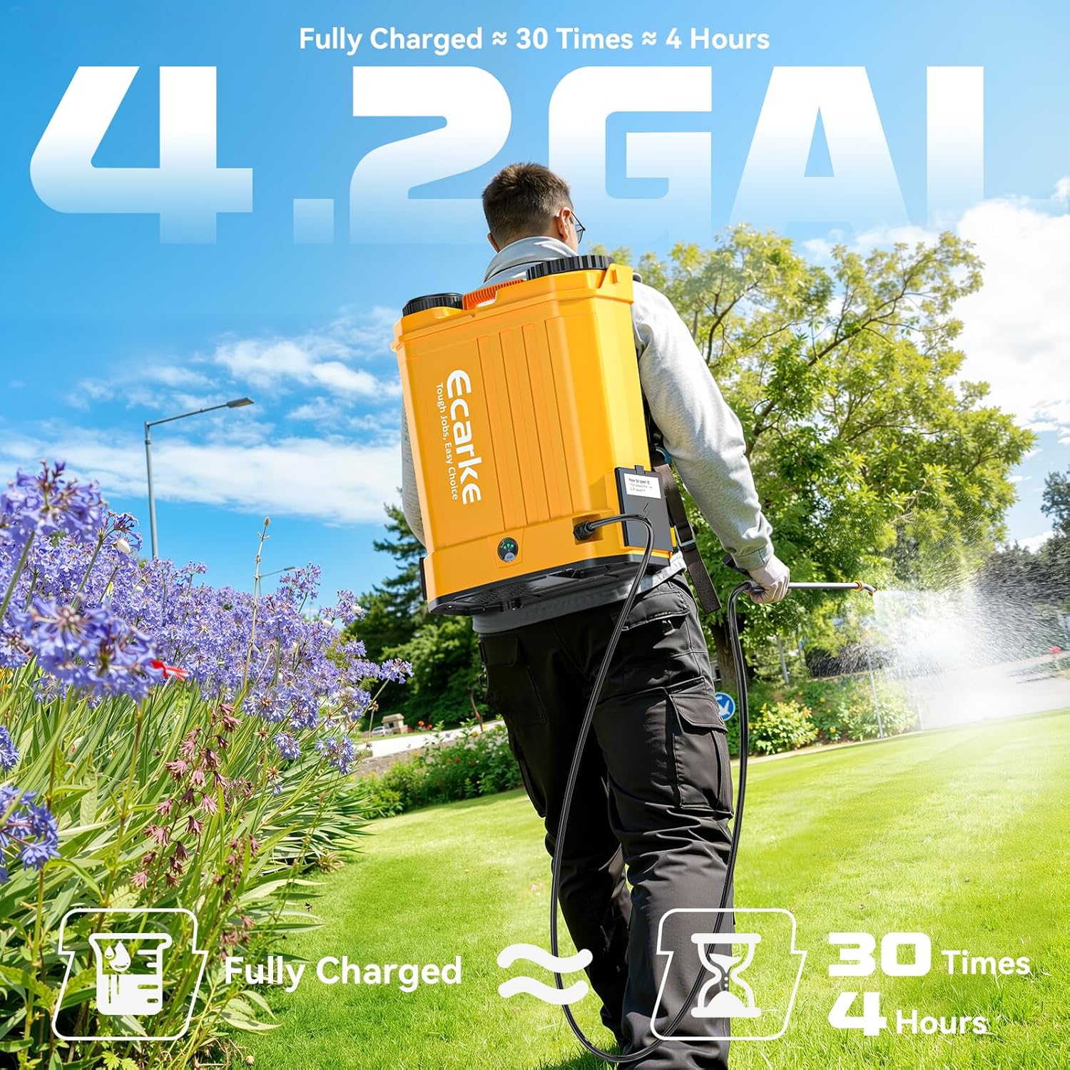 Battery Backpack Sprayer Compatible with Dewalt 20V Battery (Tool Only) 4.2 Gallon with Auto Mixer, 0–100PSI Adj, Leak-Proof Metal Telescopic Wand 42", 6 Nozzles, Ergonomic Strap–Lawn Garden Sprayer Yellow