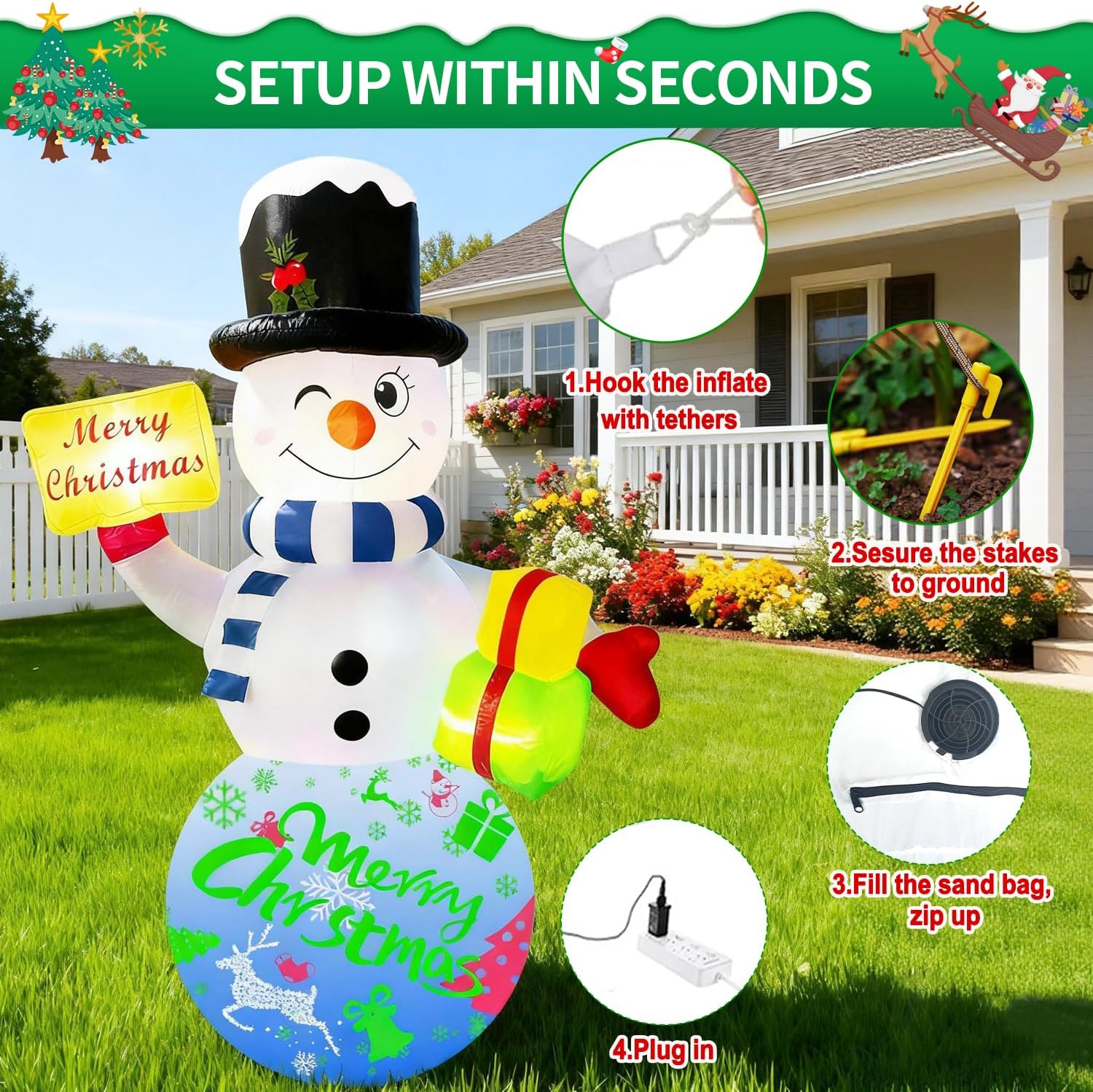 6FT Christmas Inflatables Snowman Outdoor Christmas Decorations Blow Up Snow Man Decor Built-in Rotating Music Box LED Light Wear Magic Hat for Indoor Yard Holiday Party Garden Xmas New Year
