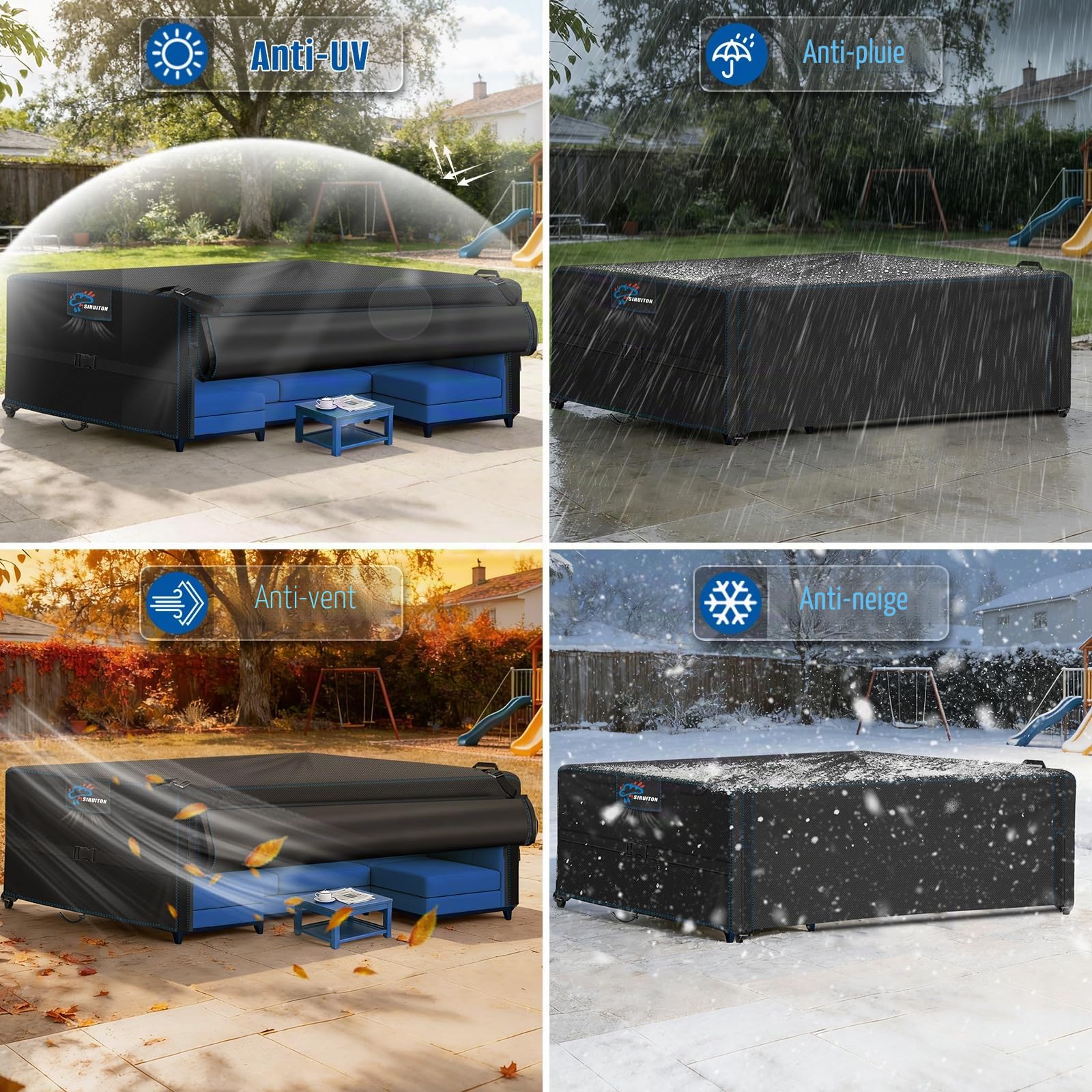 SIRUITON Housse de Meubles de Jardin imperméable et indéchirable 500D avec Fermeture éclair,résistante au Vent et aux UV - 220x120x74cm