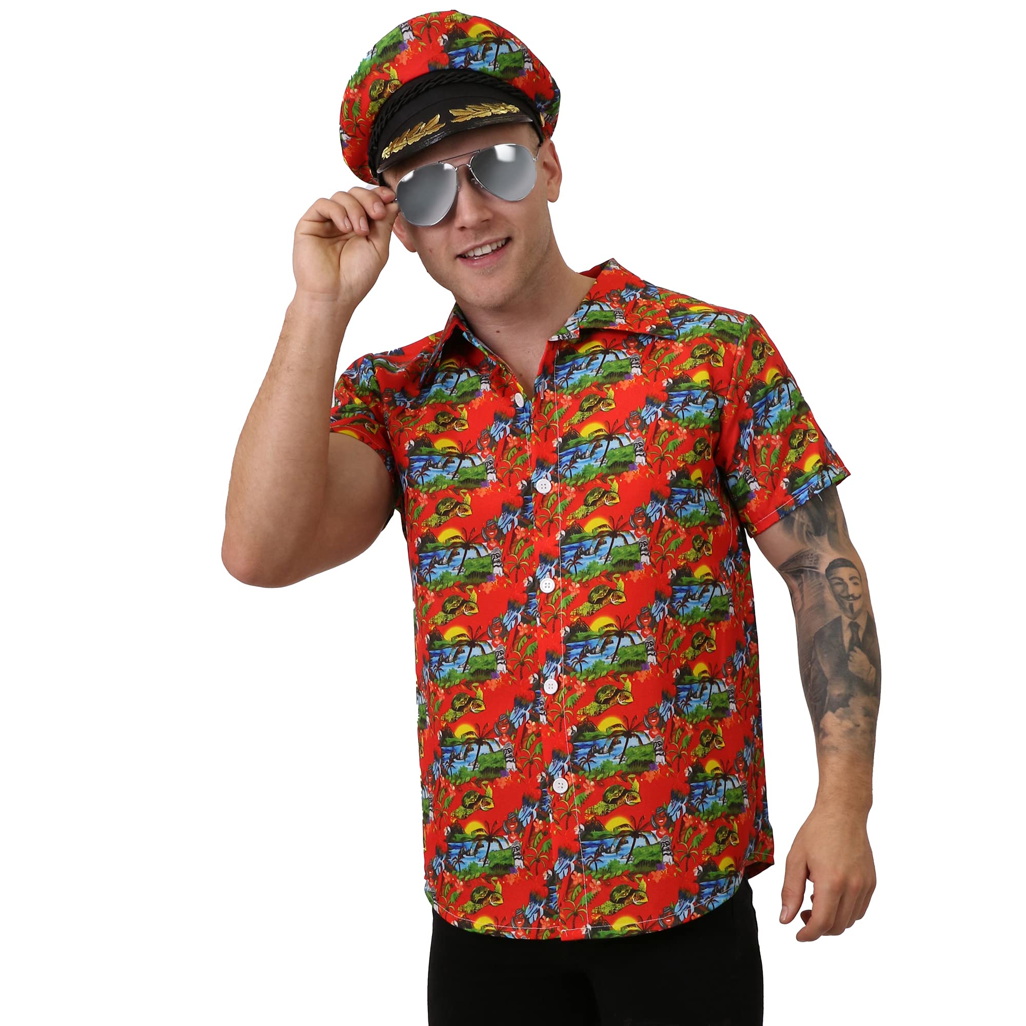Hawaiian Fancy Dress Outfit - Red Shirt, Hat And Mirrored Glasses - Xxl - Hawaii Tropical Short Sleeve Shirt - Fancy Dress - Summer Beach Party Wear