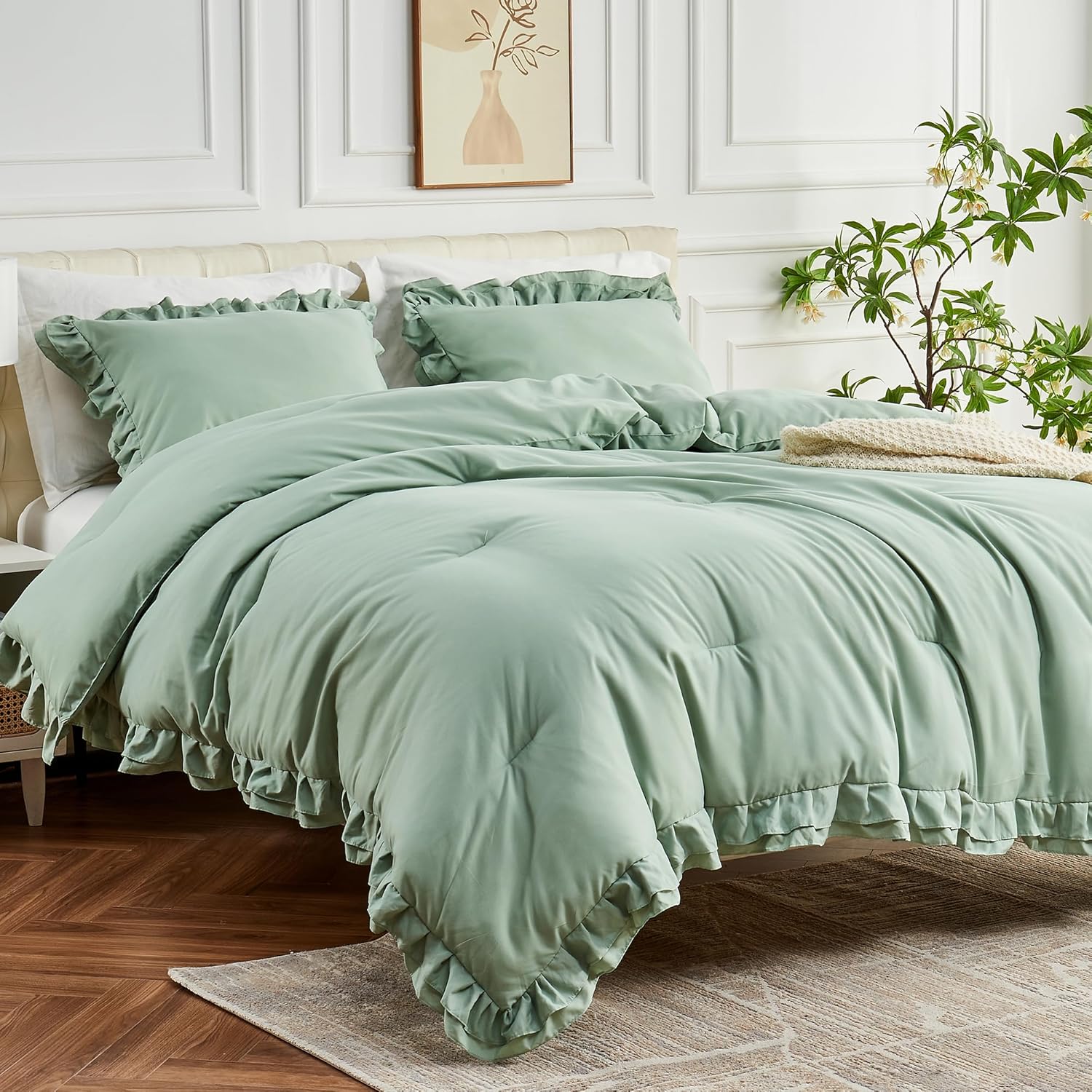 sage green double ruffle comforter set king size, 3 pieces rustic vintage farmhouse shabby chic bedding sets, all season soft fluffy lightweight comforter sets for king bed sage green king (104x90 in)