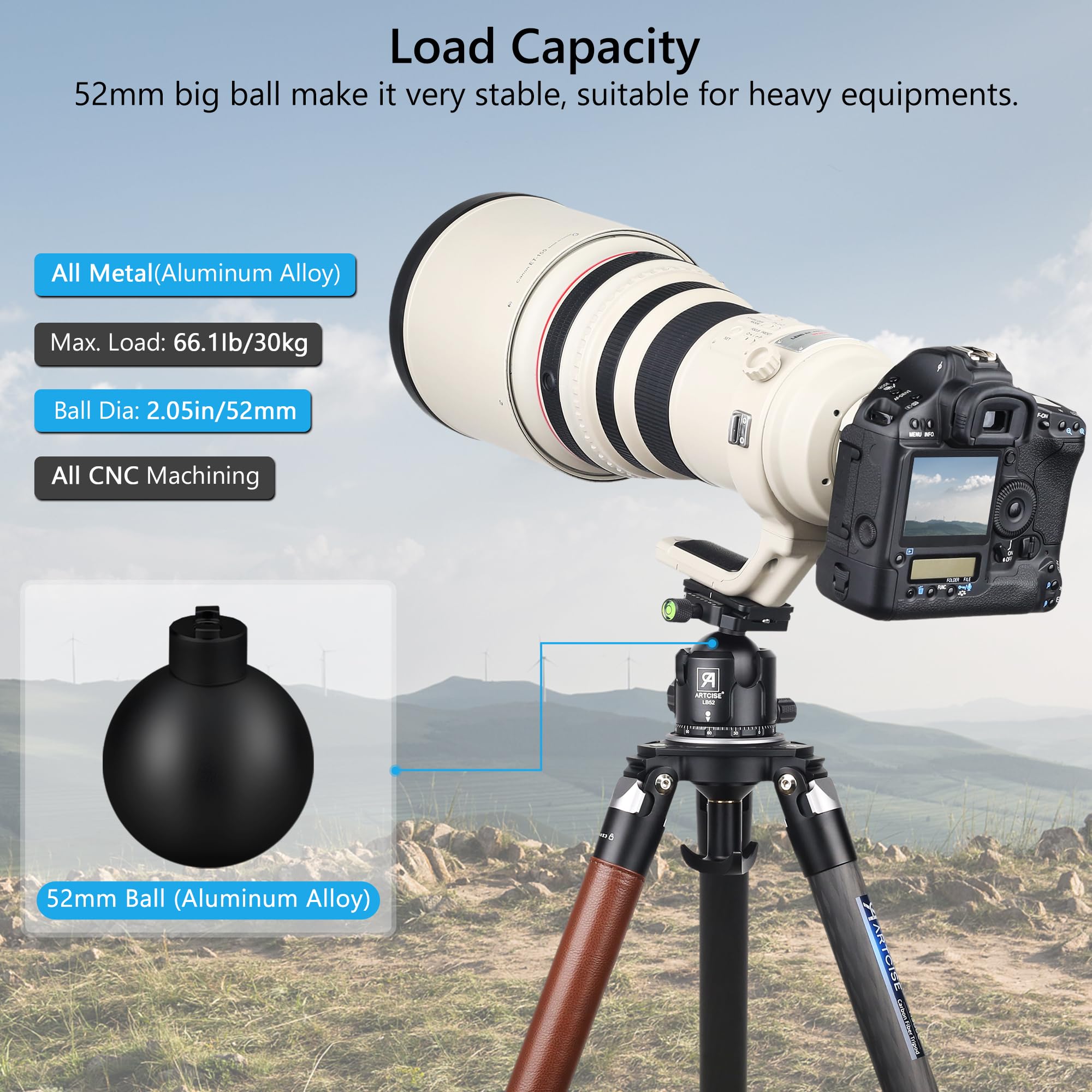 ARTCISE - Testa a sfera da 52 mm con testa a sfera a basso profilo, lavorazione CNC, con due piastre a sgancio rapido da 6,35 mm, per treppiede, monopiede, DSLR, videocamera, carico massimo 30 kg