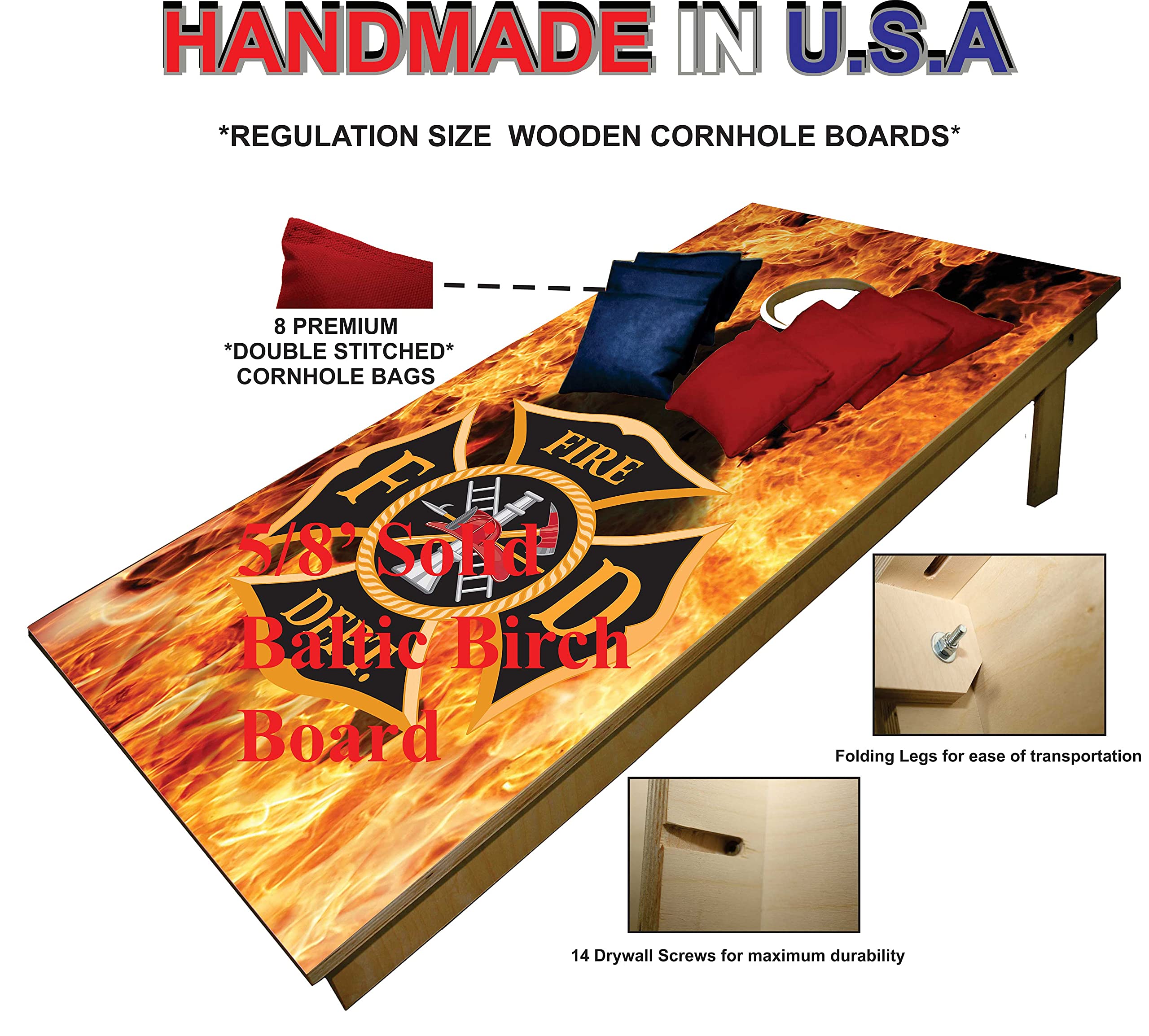 Premium Cornhole Set - Firefighter Truck Tailgate Cornhole Boards w Set of 8 Cornhole Bags! 925