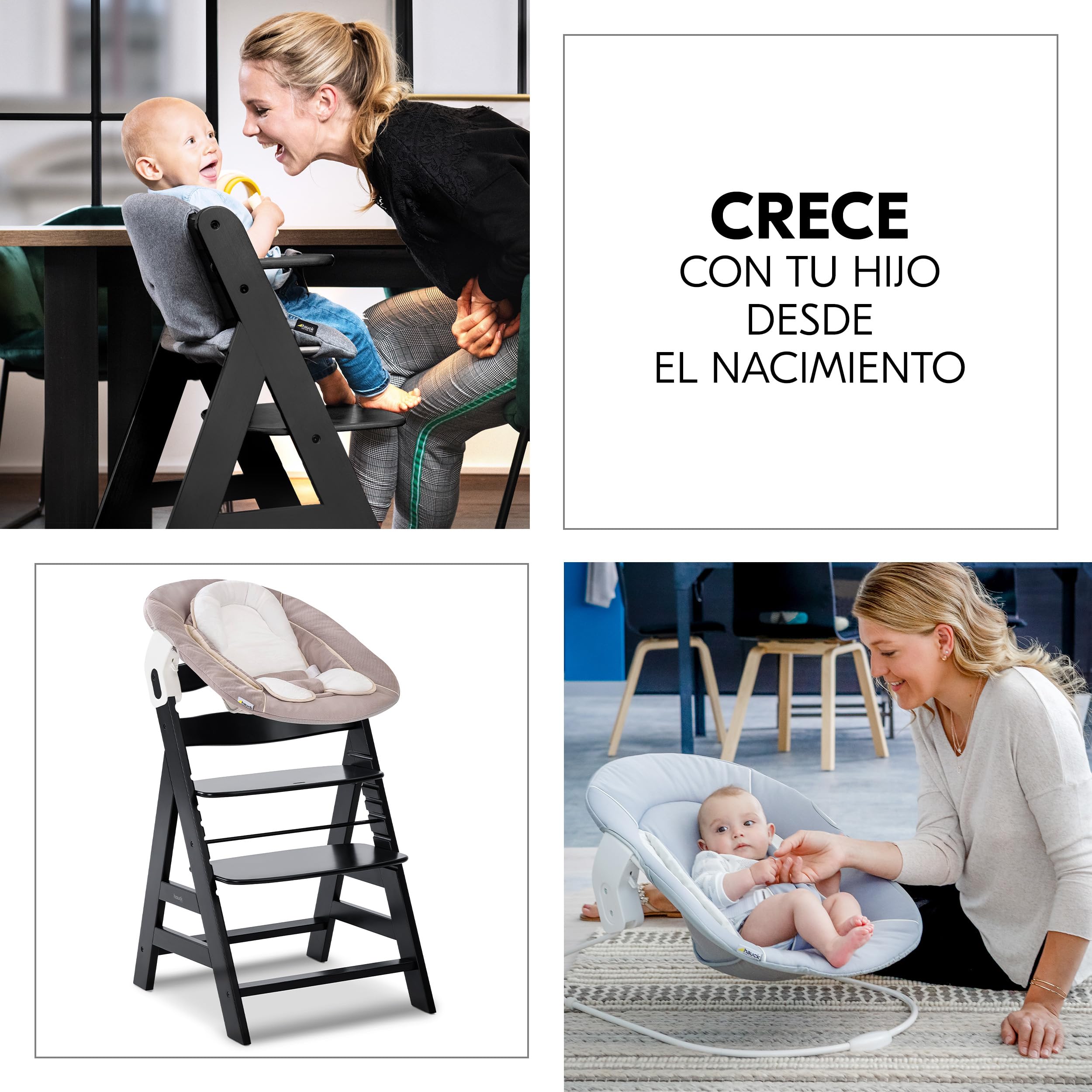 hauck Alpha Plus Newborn Set Trona Evolutiva Recién Nacidos con Hamaca Cojín y Arnés - Silla Alta de Madera para Bebés desde el Nacimiento - Tronas Primeras Comidas para Niños - Beige Negro | Trona de madera para niños desde el nacimiento hasta 90 kg, inc
