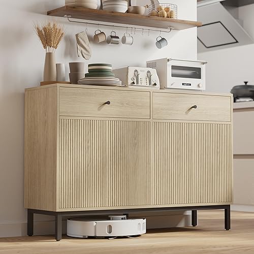 Miniatura 16 de Mericonia Aparador Buffet de Granja con Almacenamiento, Barra de Café Acanalada con Puertas y Estantes Ajustables, Gabinete de Consola de Madera