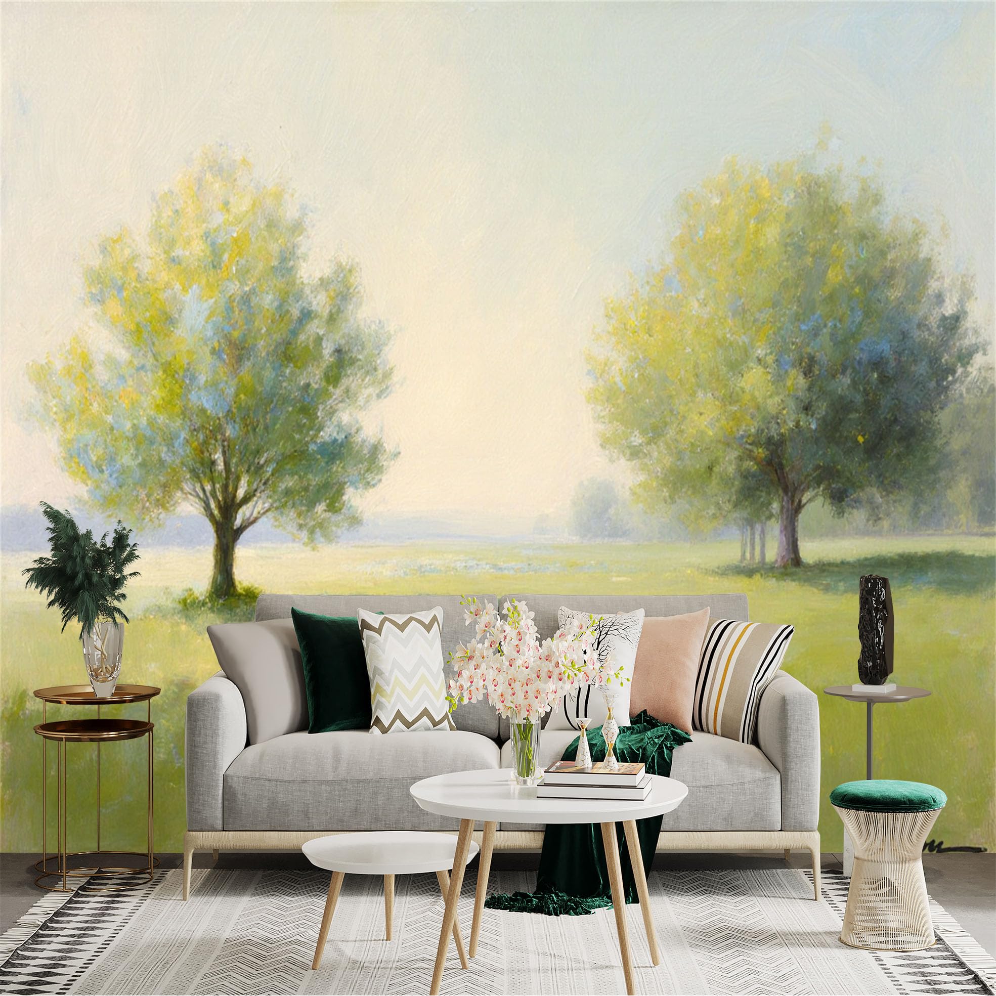 Custom Size Wall Sticker Mural， Impressionist Landscape with Two Oak Trees， Sunny Meadow， Soft Morning Light， Pastoral Scenery， for wall Decoration， peelandstick wall Decals.