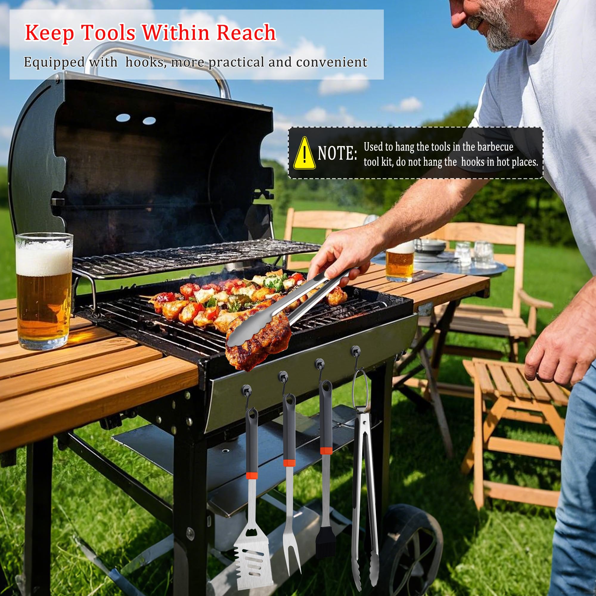 15 Stück Edelstahl BBQ Grillwerkzeuge Set, Premium BBQ Grillzubehör mit Haken & Aufbewahrungsschürze für Outdoor Grill, Kochen, Camping, Vatertag Grillen Geschenke für Männer Papa