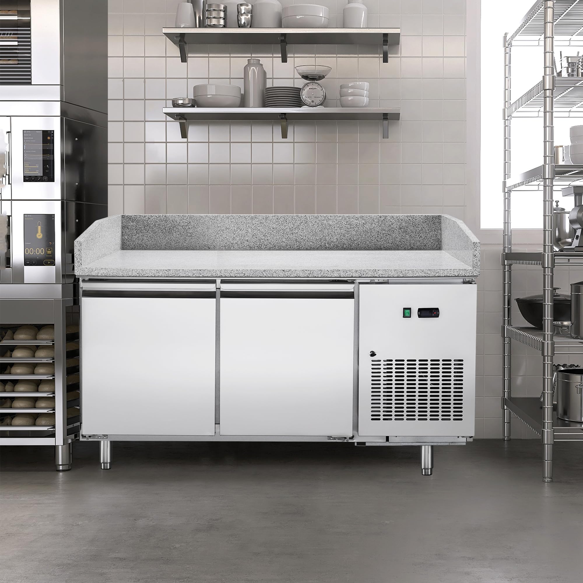 METRO Professional Mesa refrigerada para pizzas GPT2100, acero inoxidable, 200 W, 241 L, 2 puertas, compatible con GHS2150, plata