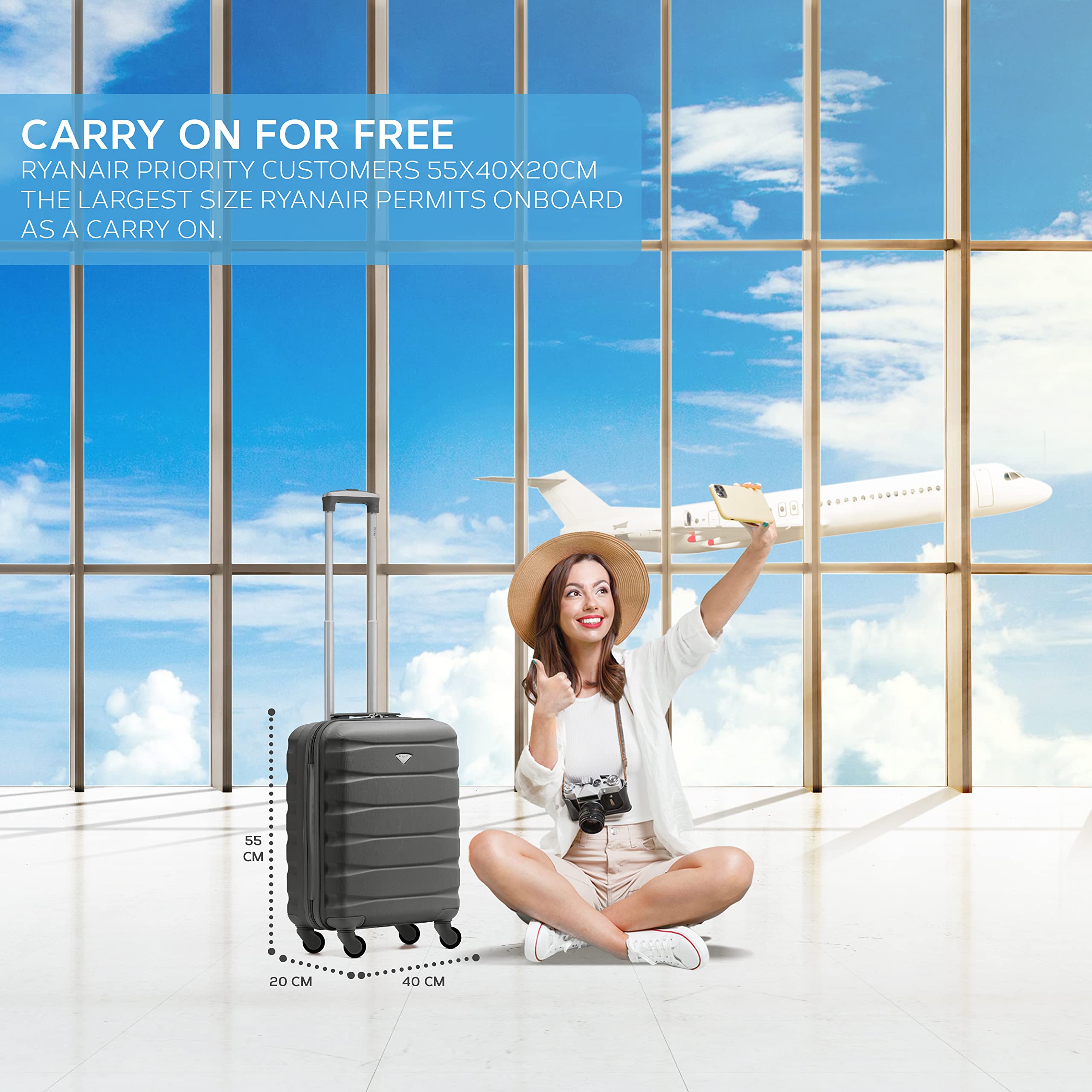 Flight Knight Cabin Suitcase 55x40x20 Ryanair Priority, EasyJet, Jet2 Lightweight Small Durable 4-Wheel Cabin Case, Carry-On for Over 60 Airlines, Hard Shell, 10kg Hand Luggage Bag (55 x 40 x 20 cm)