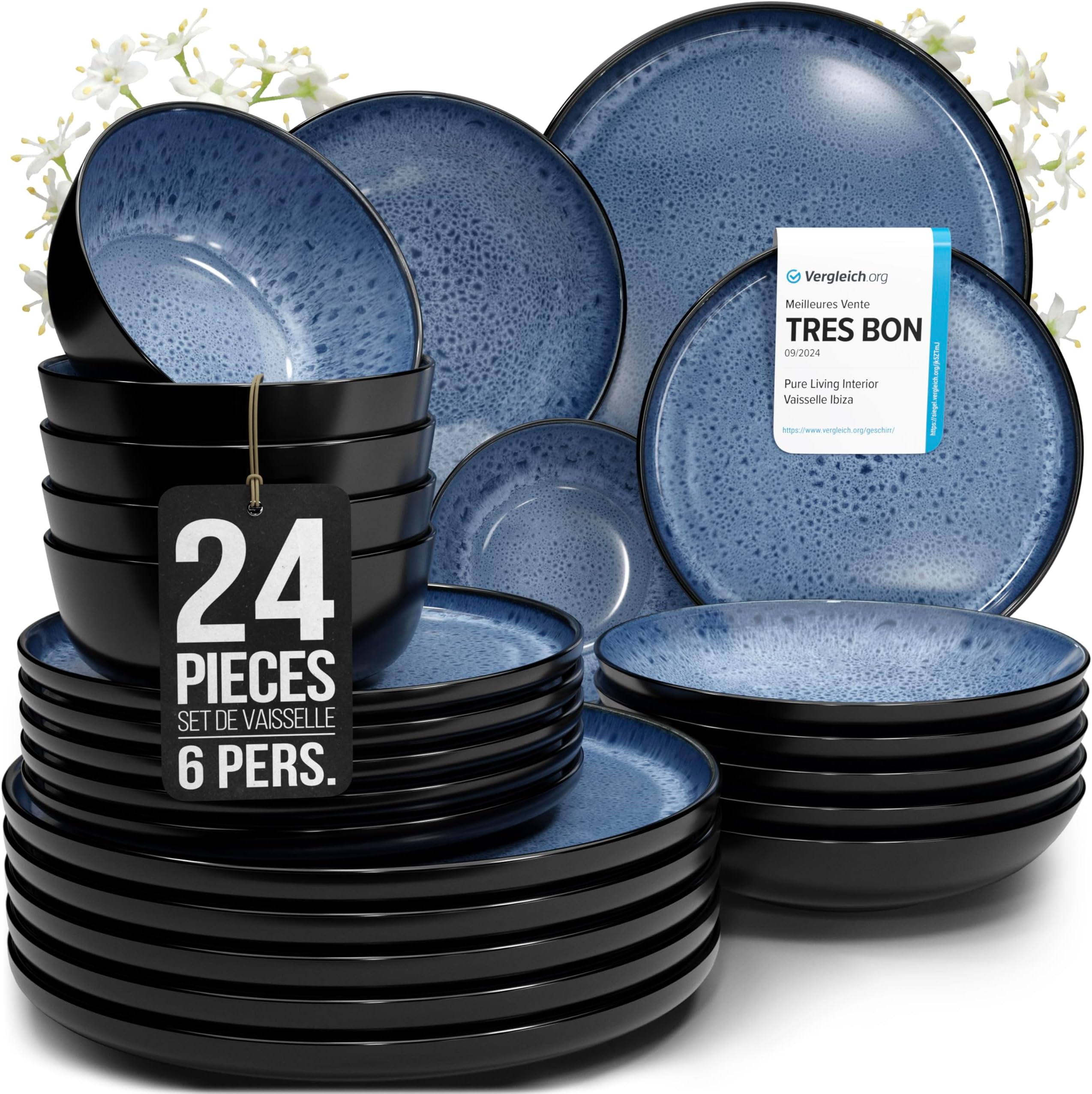 PURE LIVING INTERIOR DESIGN Ibiza Stoneware Crockery Set for 6 People, 24-Piece Mediterranean Test Very Good Stoneware Tableware Set, Bowl and Plate Set, Dinner Service for 6 People, in Deep Blue