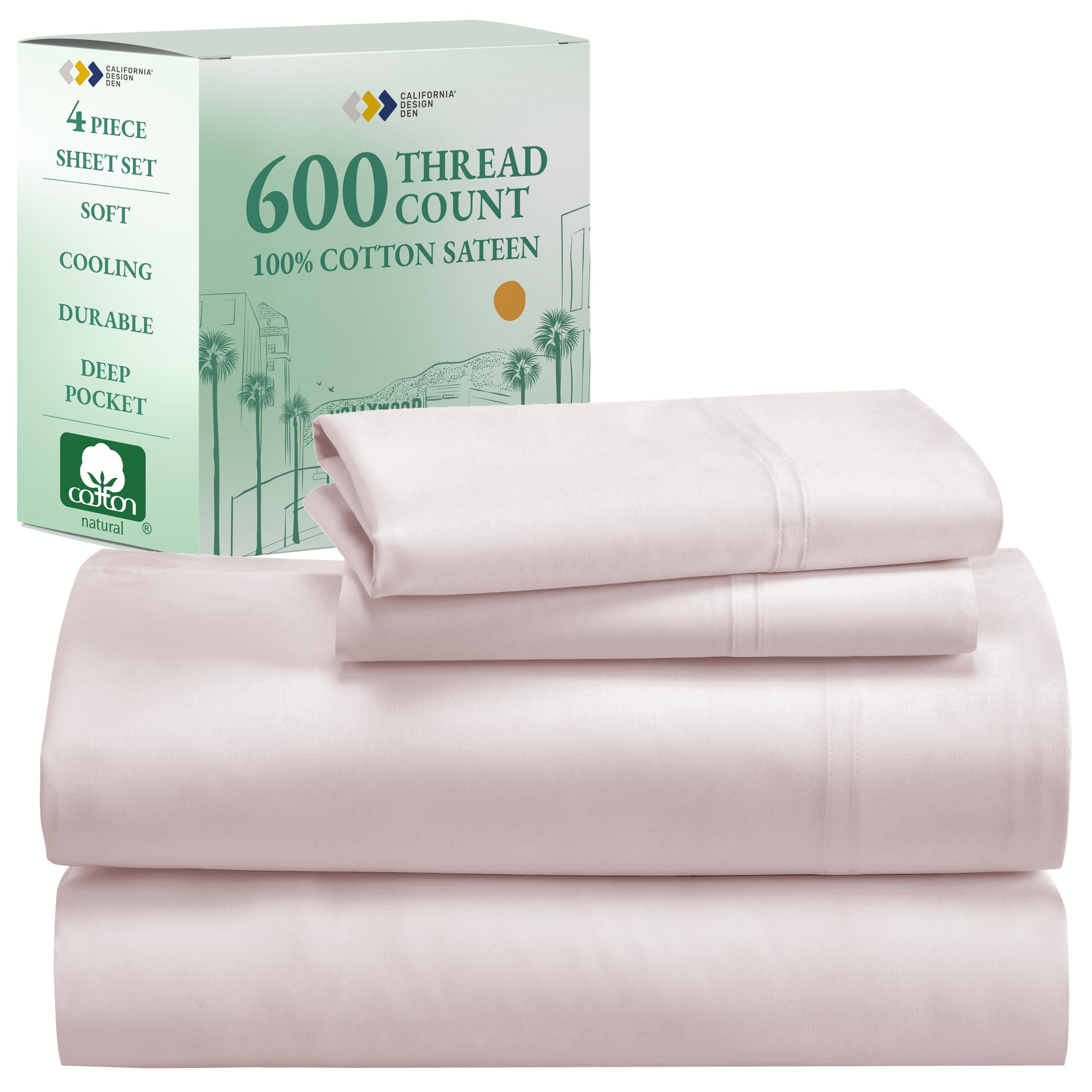 California Design Den - Luxury Full Size Sheet Set - 100% Cotton, 600 Thread Count Deep Pocket Full Size Bed Sheets, Cooling Hotel-Quality Sheets with Sateen Weave - Blush Pink