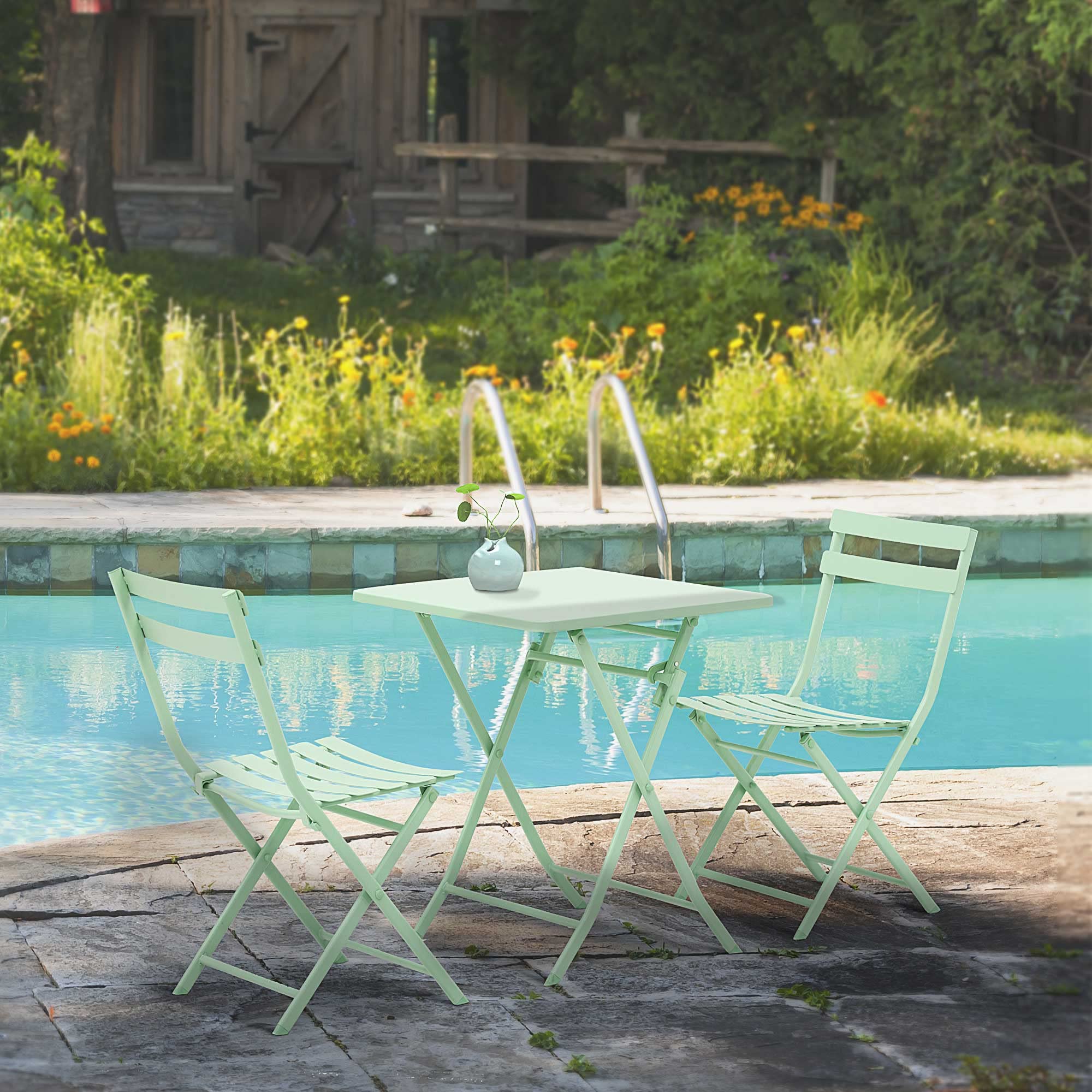 Outsunny Salon de Jardin Bistro Pliable Table Carrée 60x60x71 cm Métal Thermolaqué Vert d'Eau avec 2 Chaises